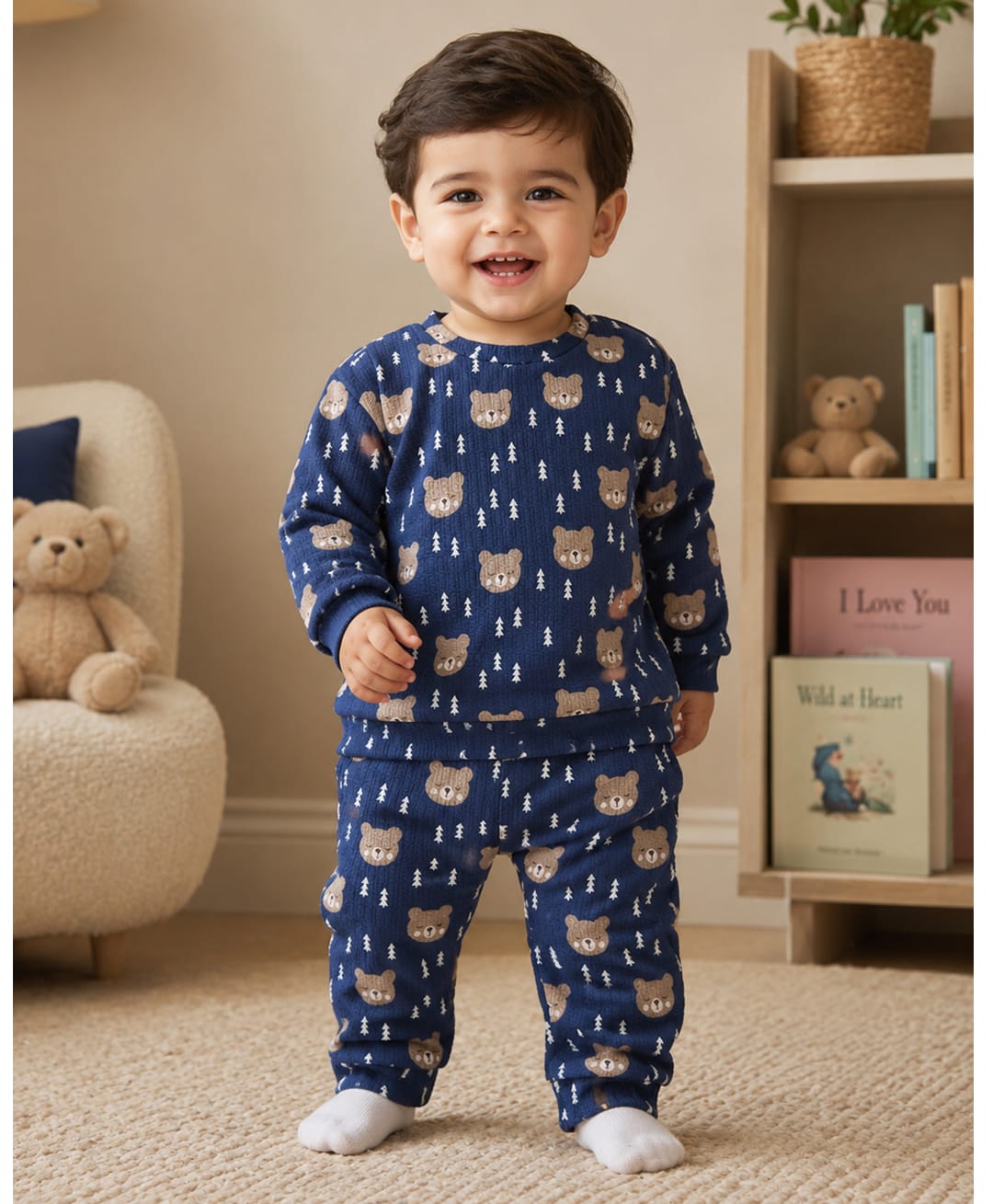 BUMZEE Knit Full Sleeves Bear Printed Tee & Pant Set - Navy Blue-image-31