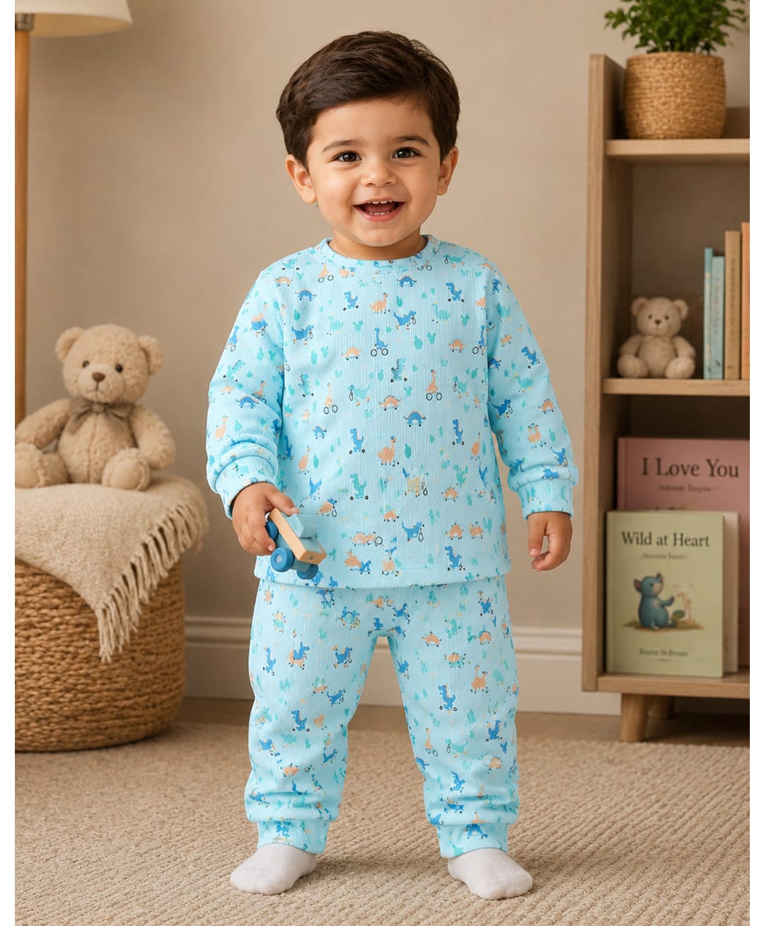BUMZEE Knit Full Sleeves Dinosaurs Printed Coordinating Tee & Joggers Set - Mint Green-image-30