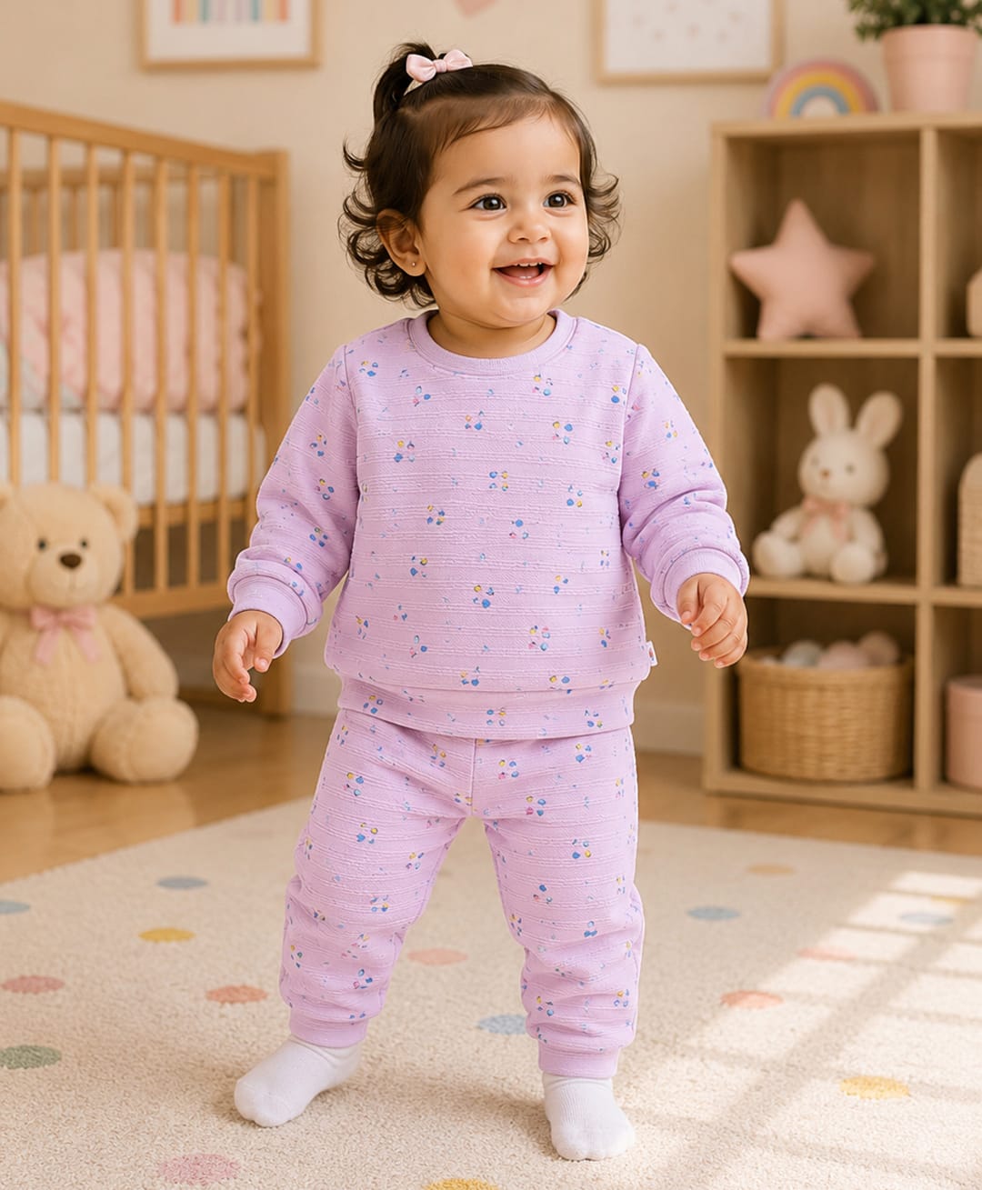 BUMZEE Knit Full Sleeves Abstract Printed Coordinating Tee & Joggers Set- Lilac-image-45