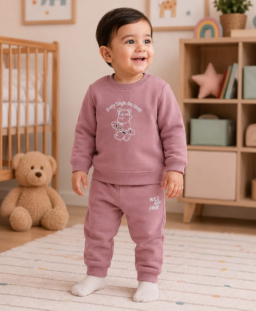 BUMZEE Cotton Blend Knit Full Sleeves Every Single Day Count Text Embroidered Winter Set - Brick Red-image-35