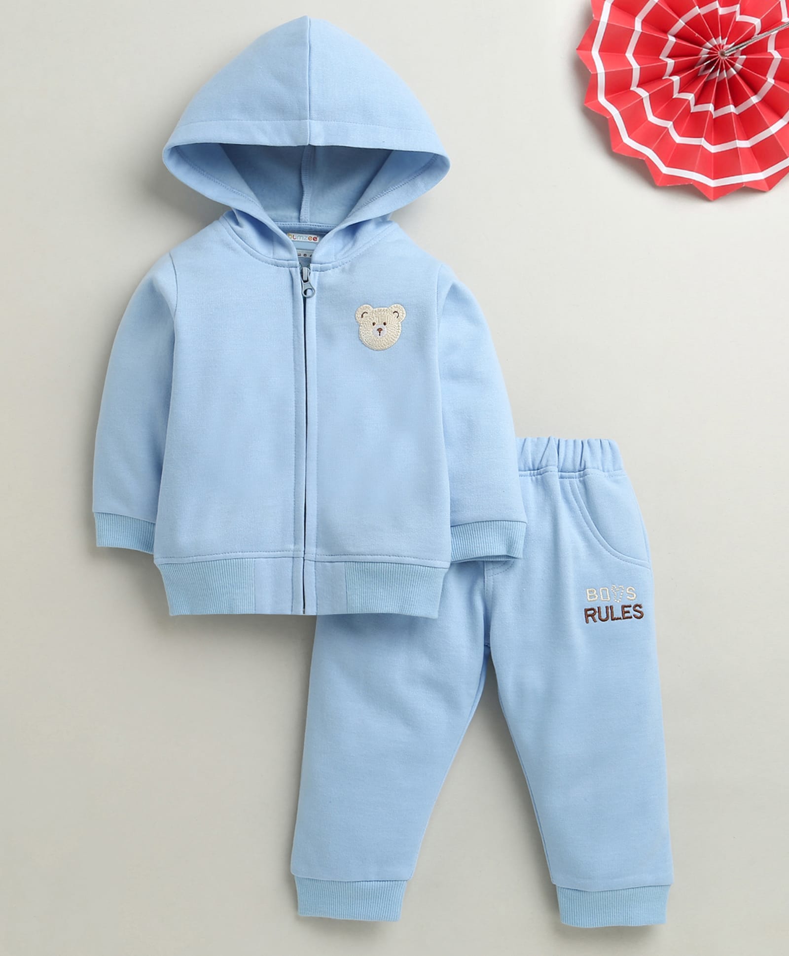 BUMZEE Cotton Blend Knit Full Sleeves Teddy Embroidered Winter Set - Sky Blue-image-4