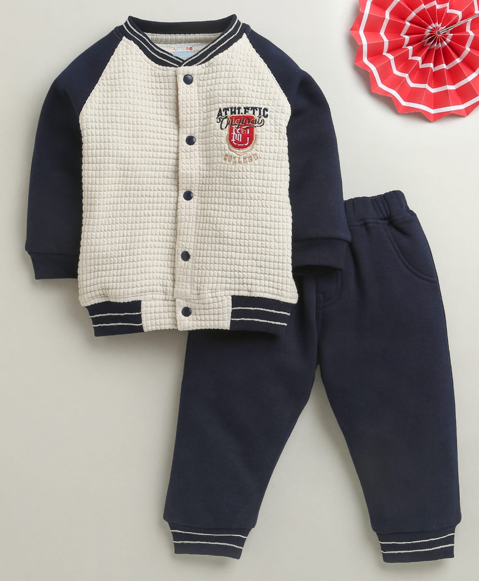 BUMZEE Cotton Blend Knit Full Raglan Sleeves Athletic Text Embroidered Textured Winter Set - Navy Blue & Beige-image-33