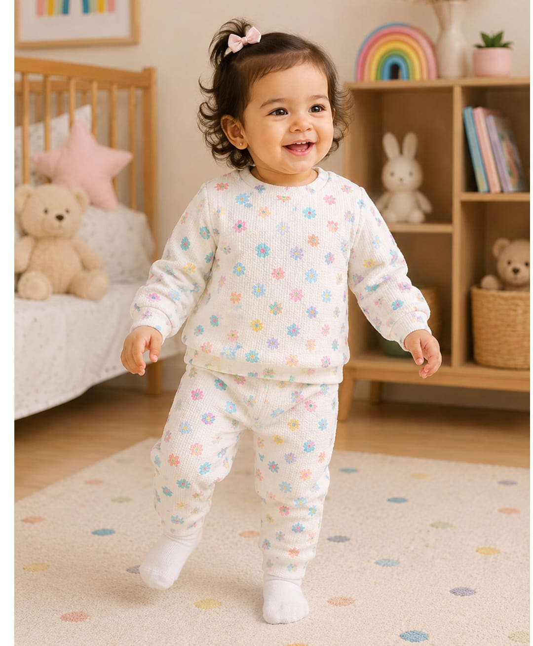 BUMZEE Knit Full Sleeves Floral Printed Coordinating Winter Top & Pant Set - Cream-image-17