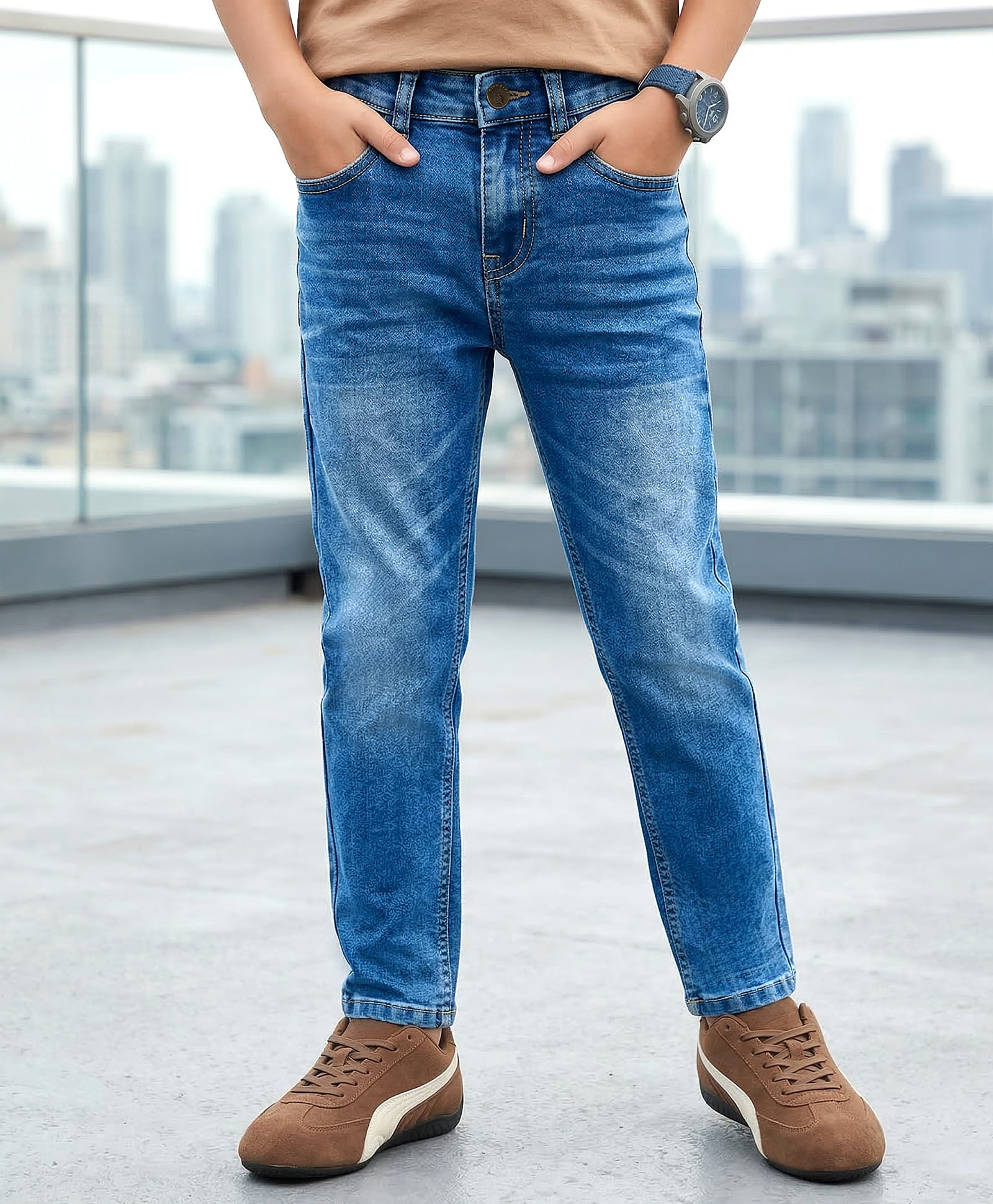 Pine Kids Denim Woven Full Length Washed Jeans - Blue-picture-27