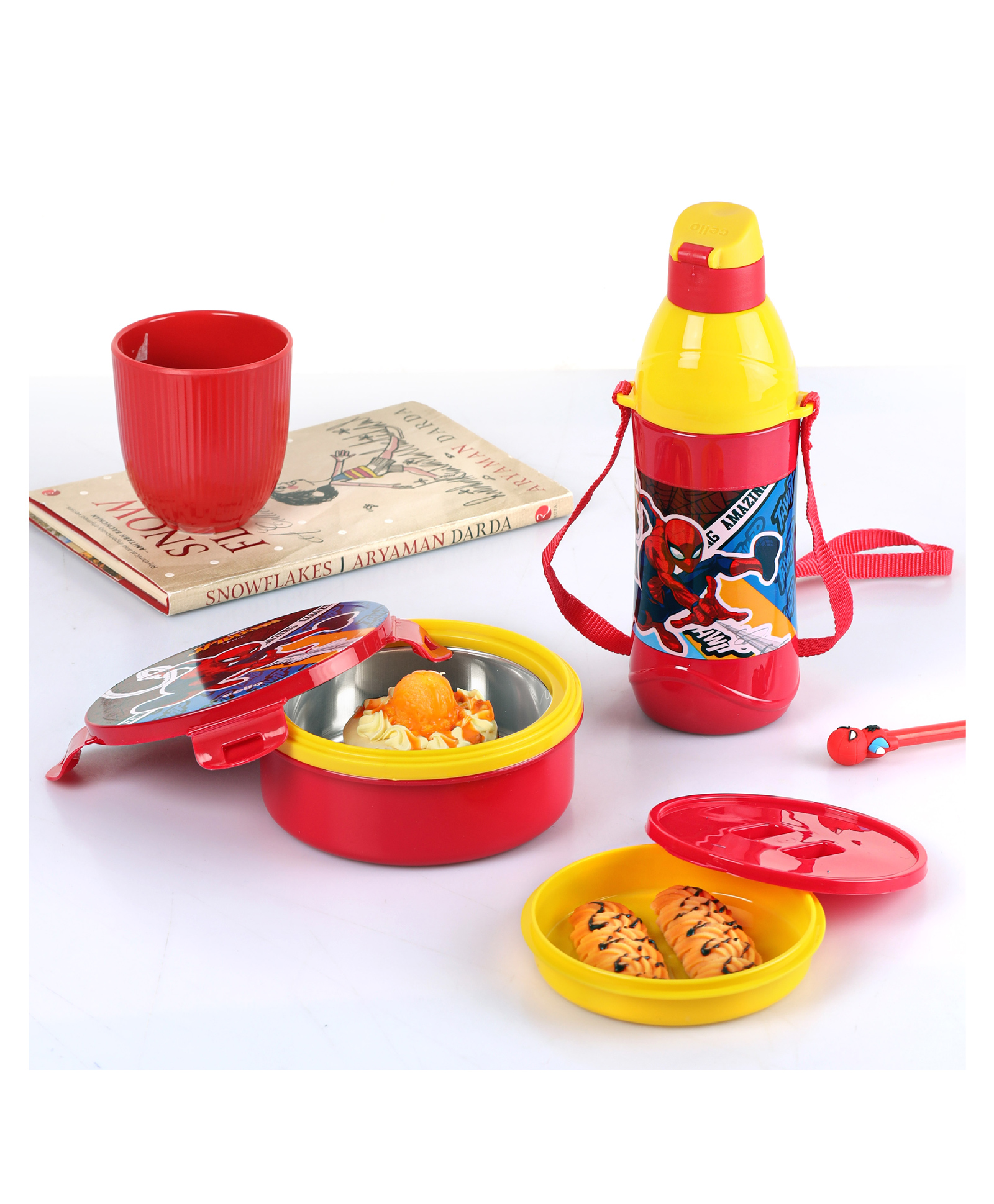 Cello Tiffy Insulated Lunch Box & Water Bottle Set with Spider-man Print Red & Yellow - 400 & 390 ml-image-47