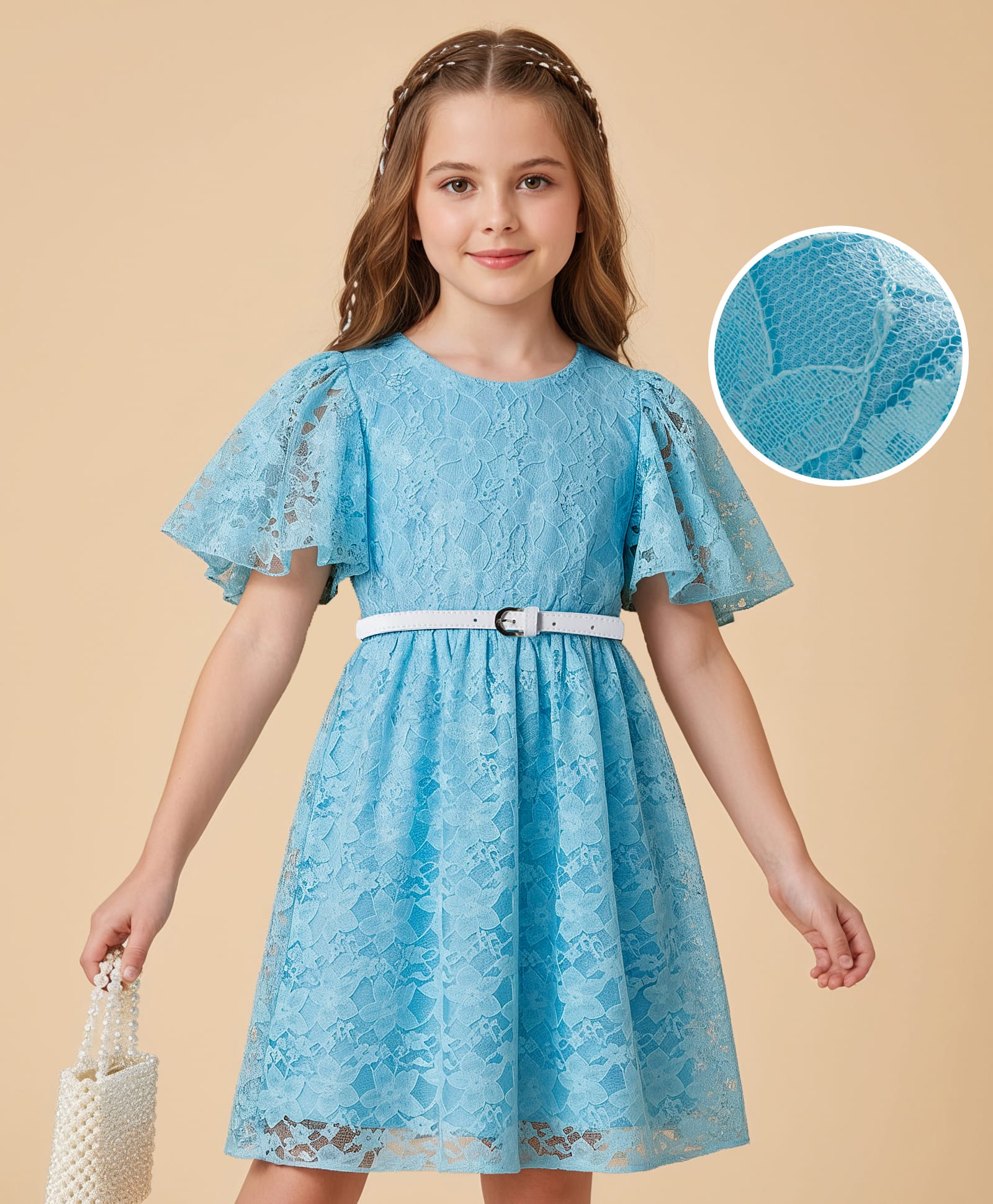 Hola Bonita Knit Flutter Sleeves Frock With Belt & Floral Design - Light Blue-picture-19