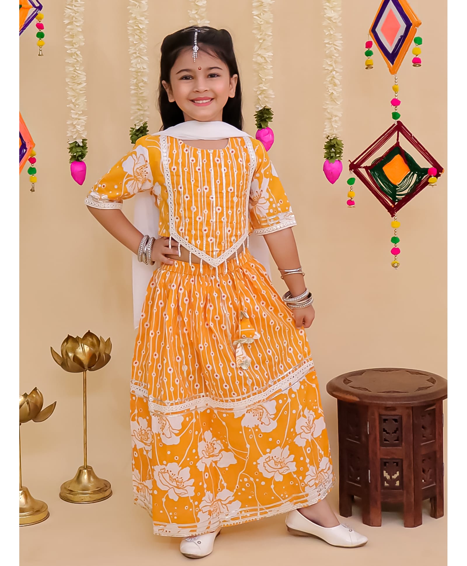 AJ Dezines Cotton Woven Navratri Theme Three Fourth Sleeves Abstract Printed & Gota Lace Embellished Lehenga Choli With Dupatta Set - Yellow-picture-35
