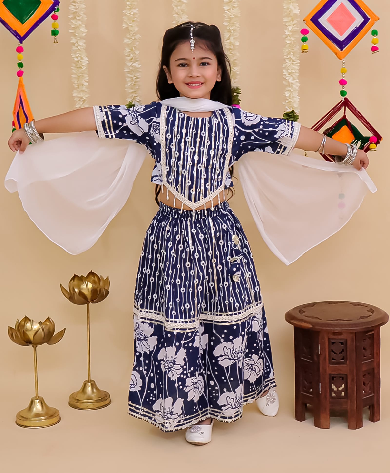 AJ Dezines Cotton Woven Navratri Theme Three Fourth Sleeves Abstract Printed & Gota Lace Embellished Lehenga Choli With Dupatta Set - Blue-picture-32