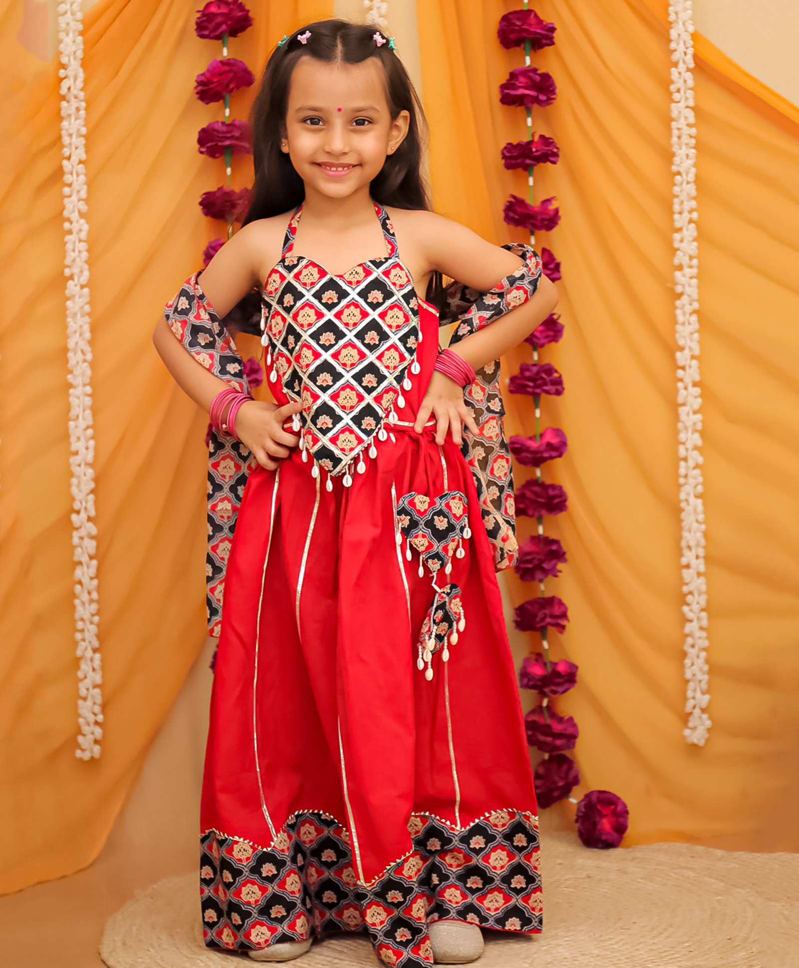 AJ Dezines Cotton Woven Navratri Theme Sleeveless Bandhani Printed & Gota Lace Embellished Lehenga Choli With Dupatta Set - Red-picture-9