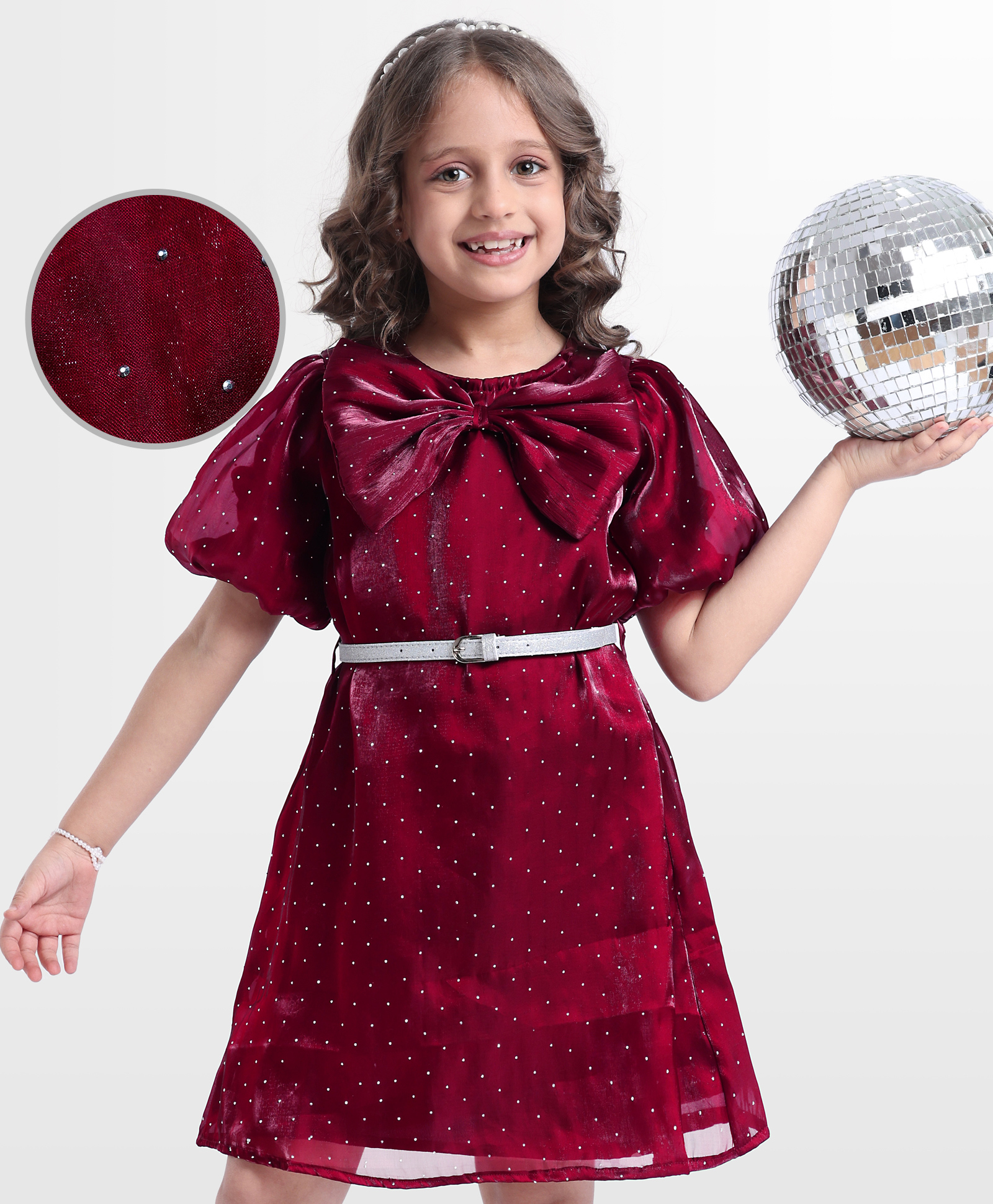 Hola Bonita Woven Half Sleeves Shimmer Party Dress With Bow Applique & Belt - Maroon-picture-12