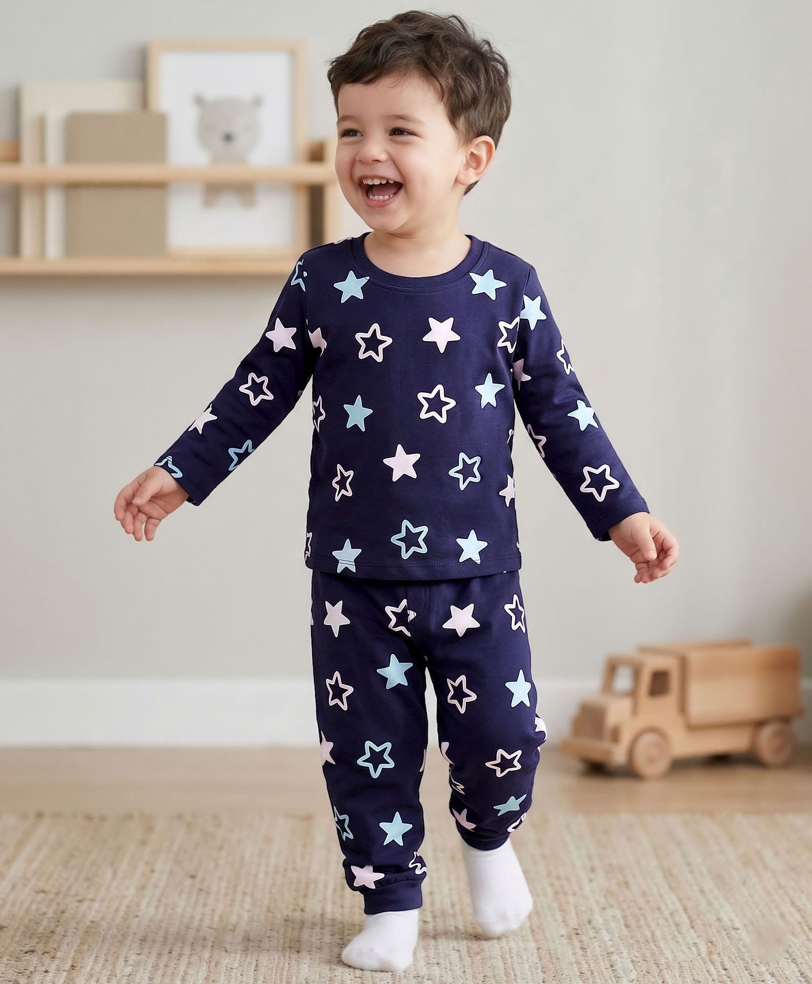 kookie kids india Kookie Kids Single Jersey Knit Full Sleeves Co-ords Night Suit With Start Print - Navy Blue-picture-13