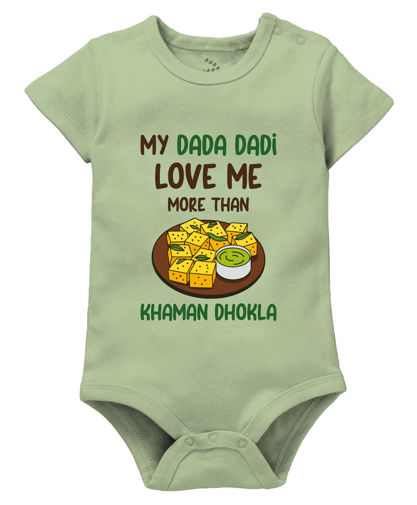 Zeezeezoo Family Theme 100% Cotton Knit Half Sleeves My Dada Dadi Love Me More Than Khaman Dhokla Text Printed Onesie - Olive-picture-10