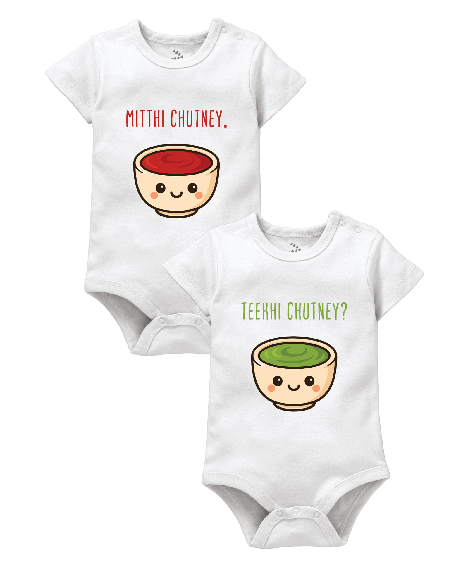 Zeezeezoo 100% Cotton Knit Pack Of 2 Twin Theme Half Sleeves Mithi Chutney & Teekhi Chutney Text Printed Onesie - White-picture-10