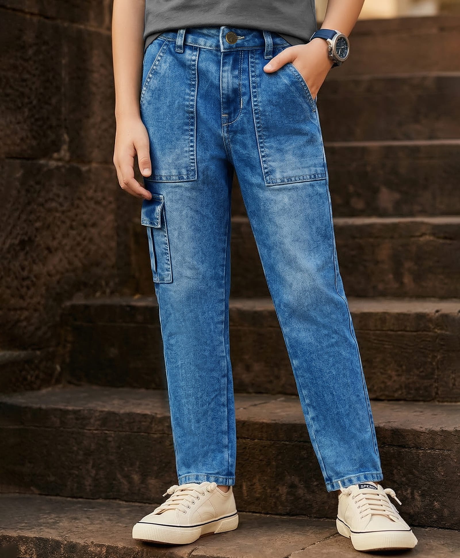 Pine Kids Denim Woven Full Length Solid Color Jeans with Cargo Pockets - Blue-picture-20