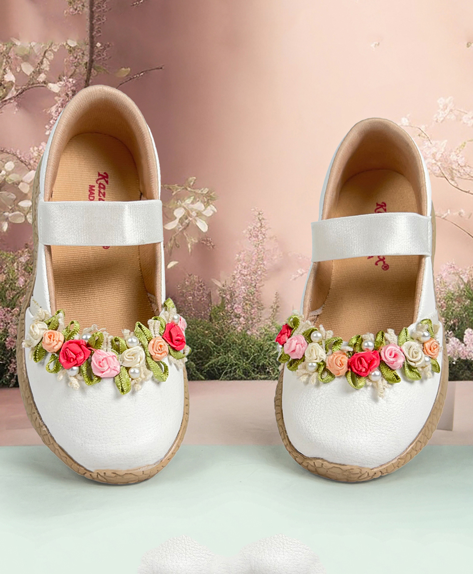 KazarMax Floral Embellished Mary Jane Ballerinas - White-image-37