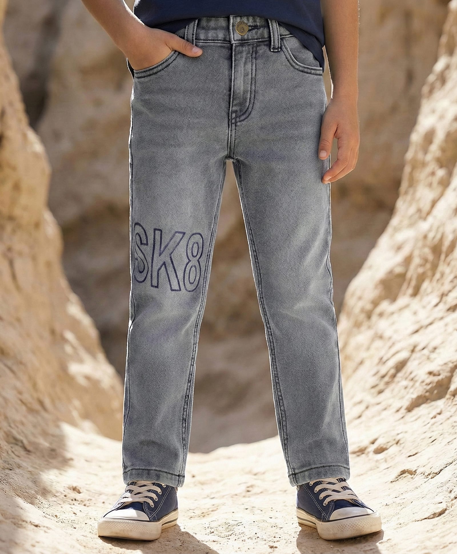 Pine Kids Denim Woven Full Length Jeans With Text Print - Grey-image-35