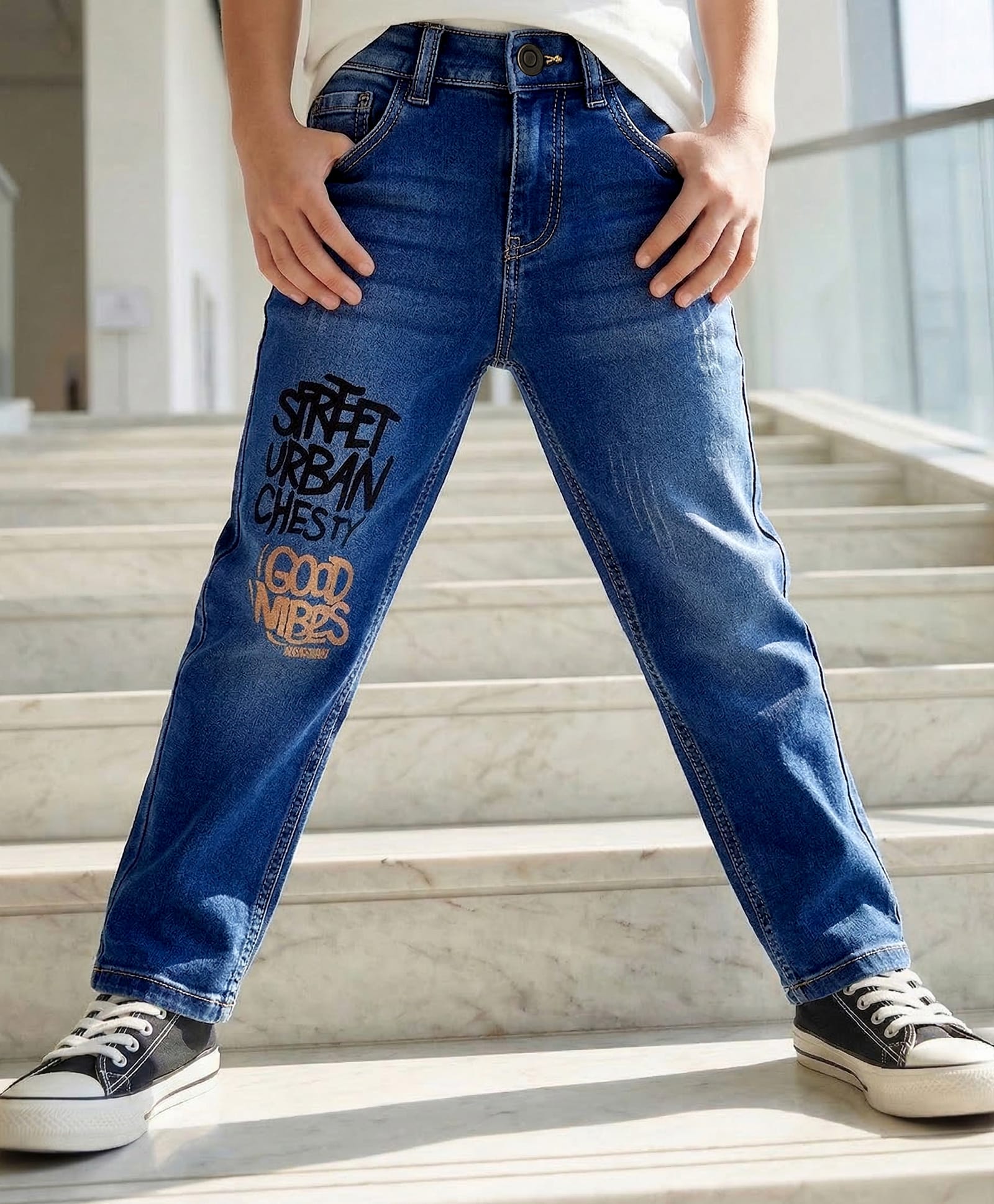 Pine Kids Denim Woven Full Length Jeans With Text Print - Blue-picture-15
