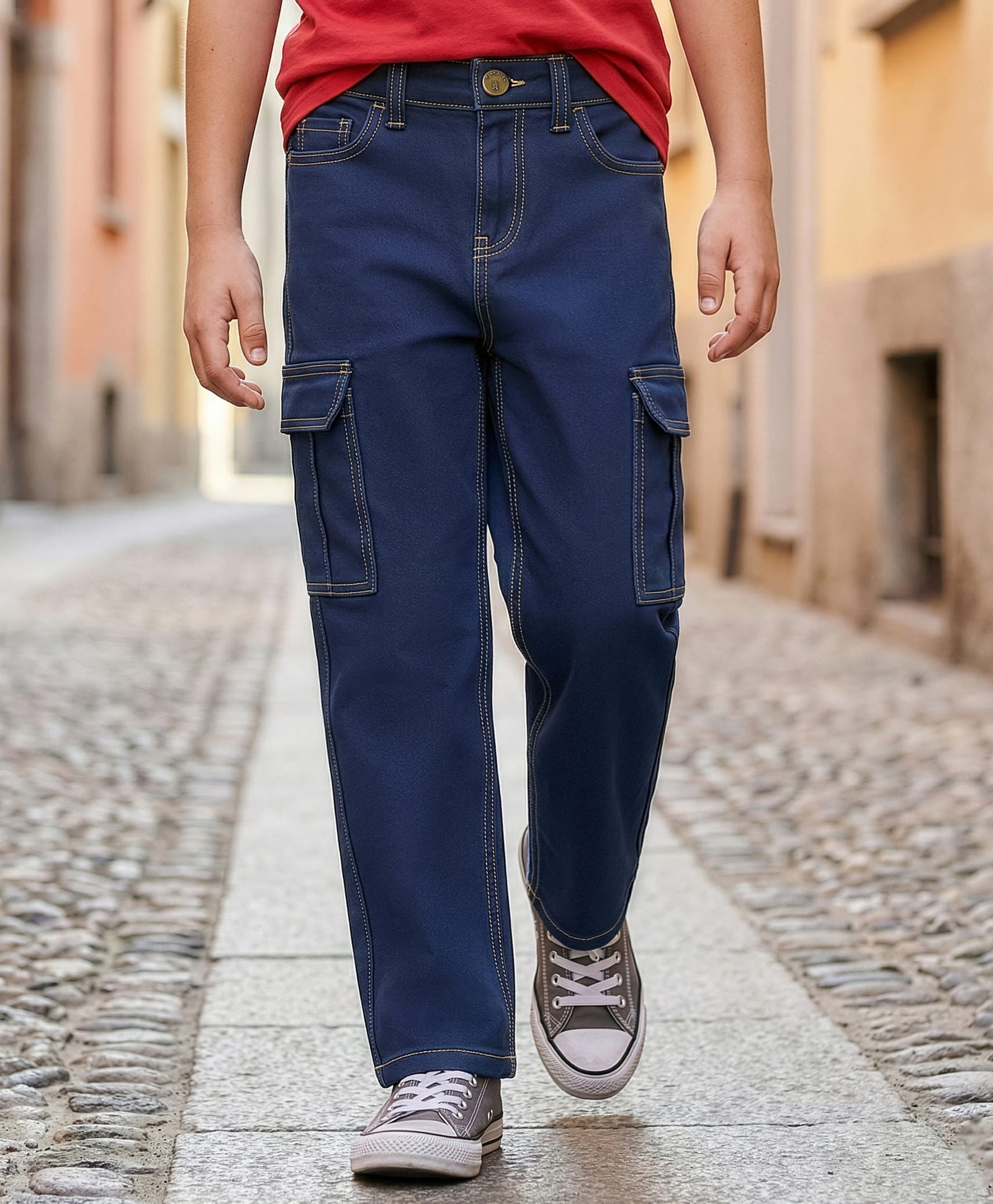 Pine Kids Denim Woven Full Length Washed Jeans With Cargo Pocket - Blue-picture-26