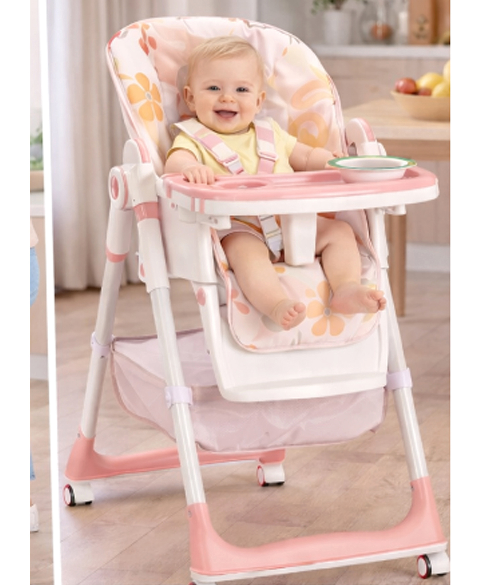 Babyhug Pineapple 4 in 1 multifunctional Baby Highchair with Adjustable Backrest - Pink| Adjustable Footrest & Seat Height| Compact Fold|Smooth Swivel Wheels|Removable Double Food Tray| Safety Harness