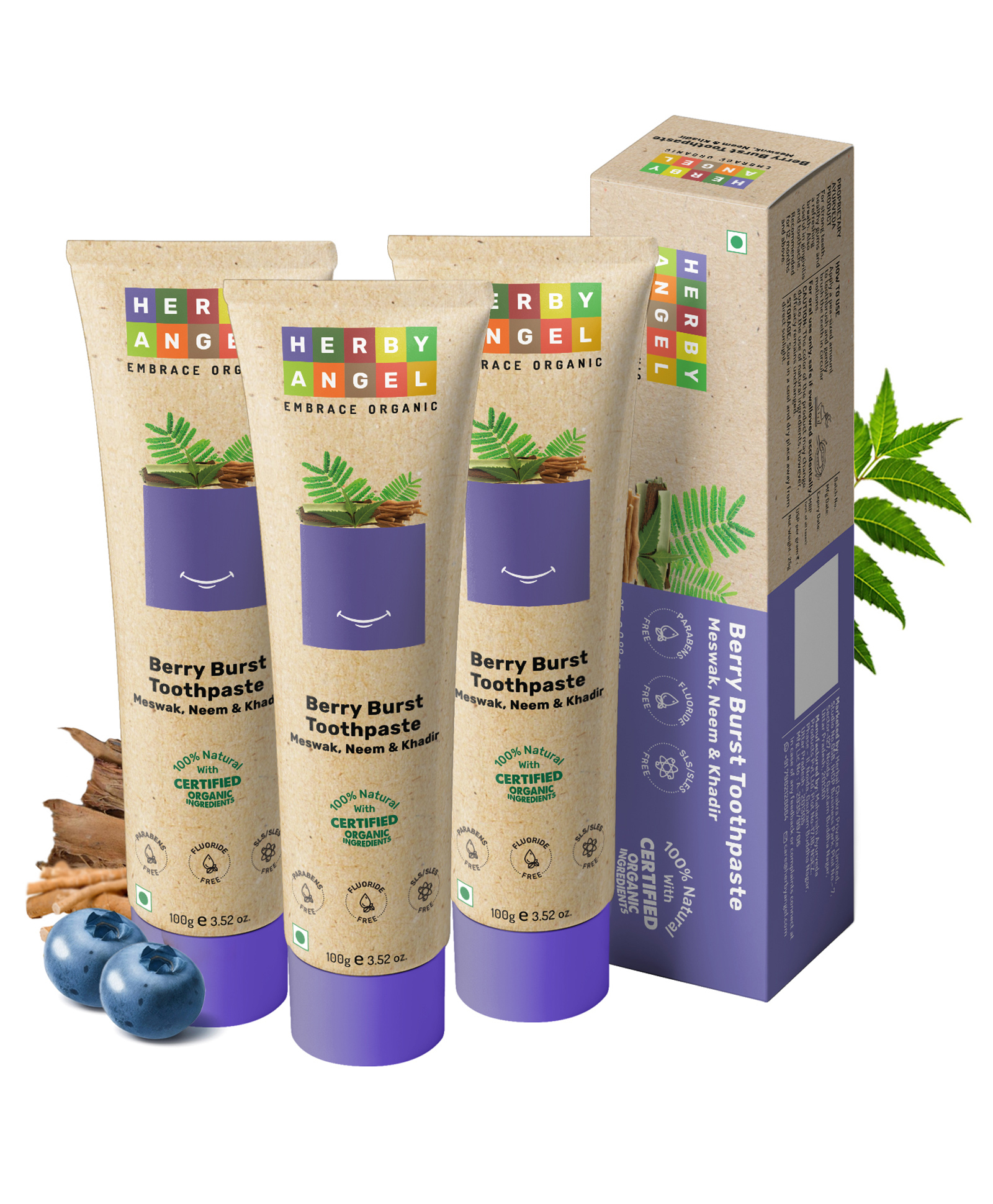 Herby Angel Berry Burst Baby Toothpaste with Meswak, Neem & Khadira Organic Ingredients Healthy Gums Refreshing Breath - 100 g(Pack of 3)-image-23