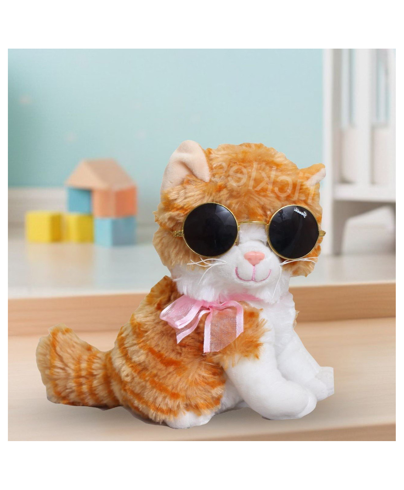 Tickles Sitting Cat Wearing Googles Glitter Eye Soft Stuffed Plush Animal Toy for Kids Boys & Girls Birthday Gift (Color: Orange Size: Length 20 cm)-image-15