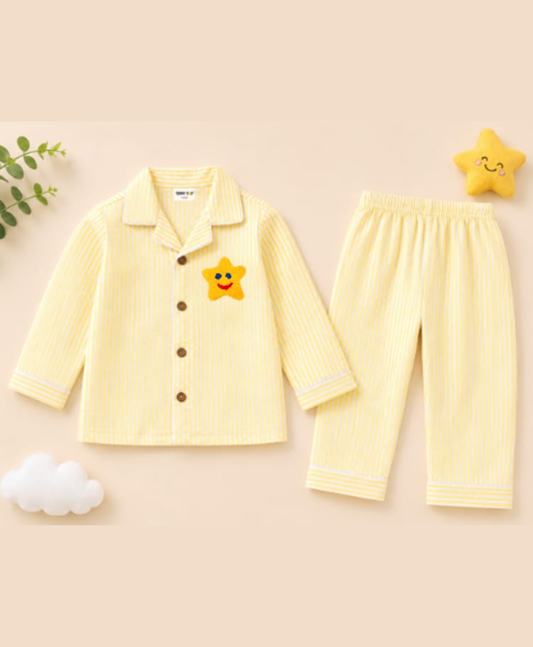 TIPPY TOP Pure Cotton Woven Full Sleeves Striped & Star Patch Detailed Coordinating Night Suit Set - Yellow-image-35