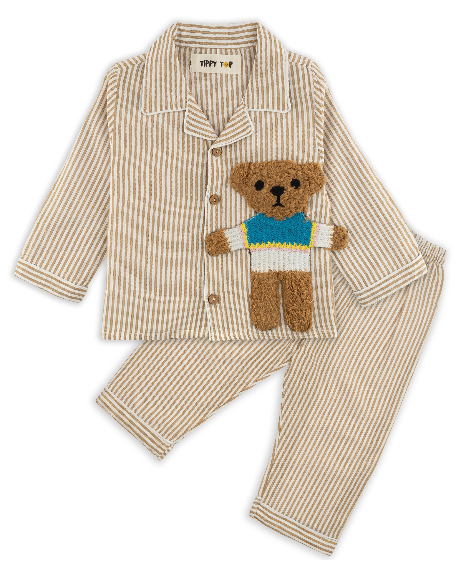TIPPY TOP Cotton Woven Full Sleeves Teddy Bear Applique Detailed Striped Coordinating Night Suit Set - Beige-image-17