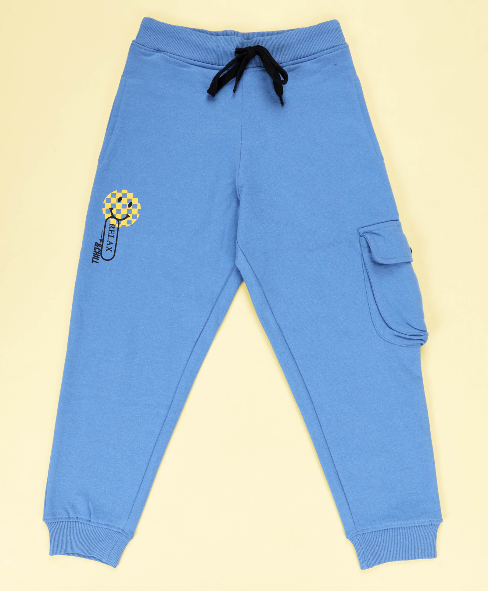 Kiddopanti Cotton Fleece Knit Smiley Printed Single Cargo Pocket Track Pant - Dust Blue-picture-17