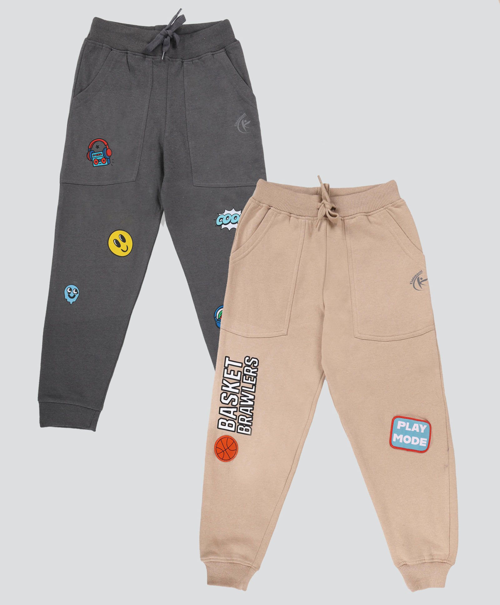 Kiddopanti Pack Of 2 Cotton Fleece Knit Smiley And Basket Ball Printed Track Pants - Beige & Dark Grey-image-35