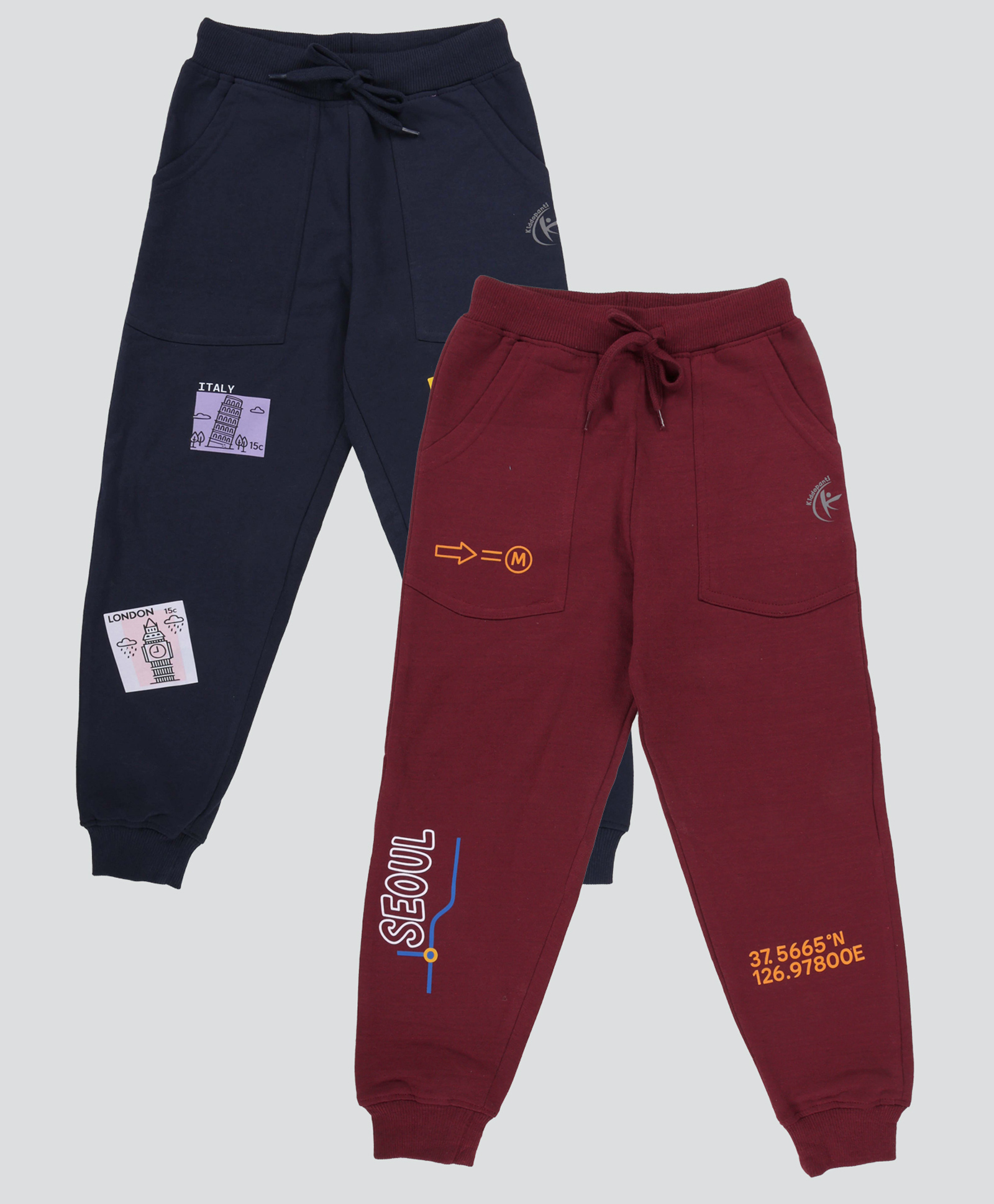 Kiddopanti Pack Of 2 Cotton Fleece Knit London And Seoul Text Printed Track Pant - Navy & Maroon-image-47