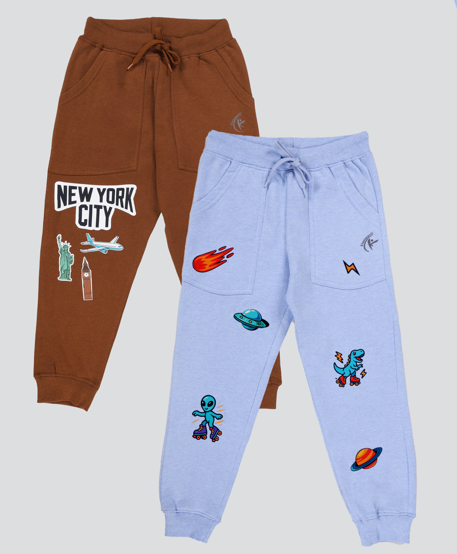 Kiddopanti Pack Of 2 Cotton Fleece Knit Aeroplane And Alien Printed Track Pant - Blue & Brown-picture-30