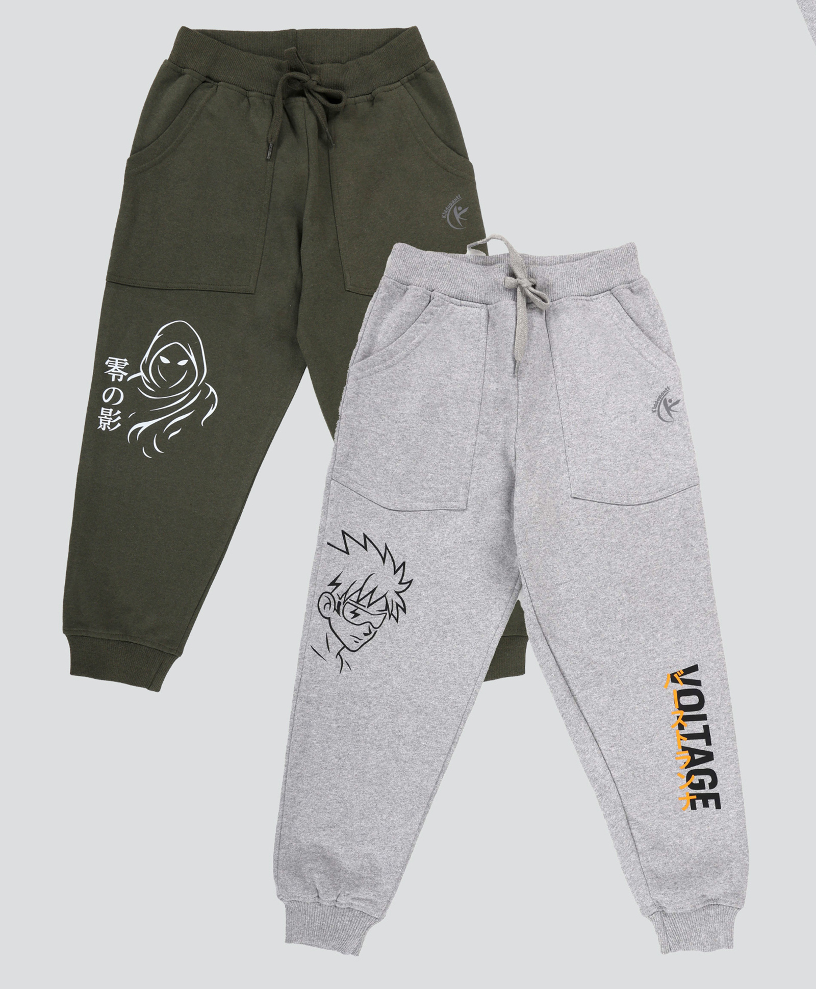 Kiddopanti Pack Of 2 Cotton Fleece Knit Phantom And Voltage Text Printed Track Pant - Grey Melange & Military Green-image-17