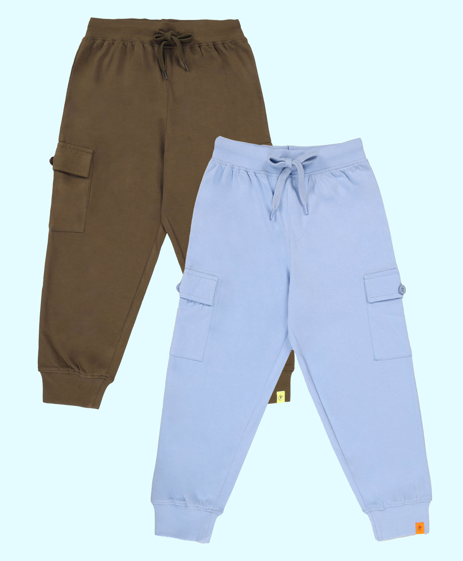 Kiddopanti Pack Of 2 Cotton Knit Solid Cargo Pocket Detailed Track Pants - Military Green & Light Blue-picture-13