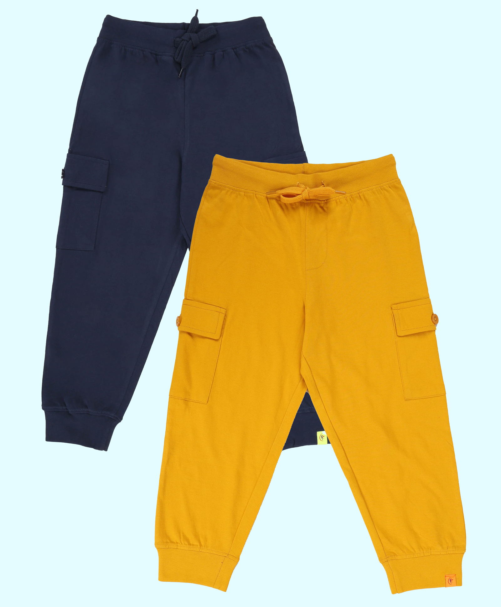 Kiddopanti Pack Of 2 Cotton Knit Solid Cargo Pocket Detailed Track Pants - Mustard Yellow & Navy Blue-picture-32