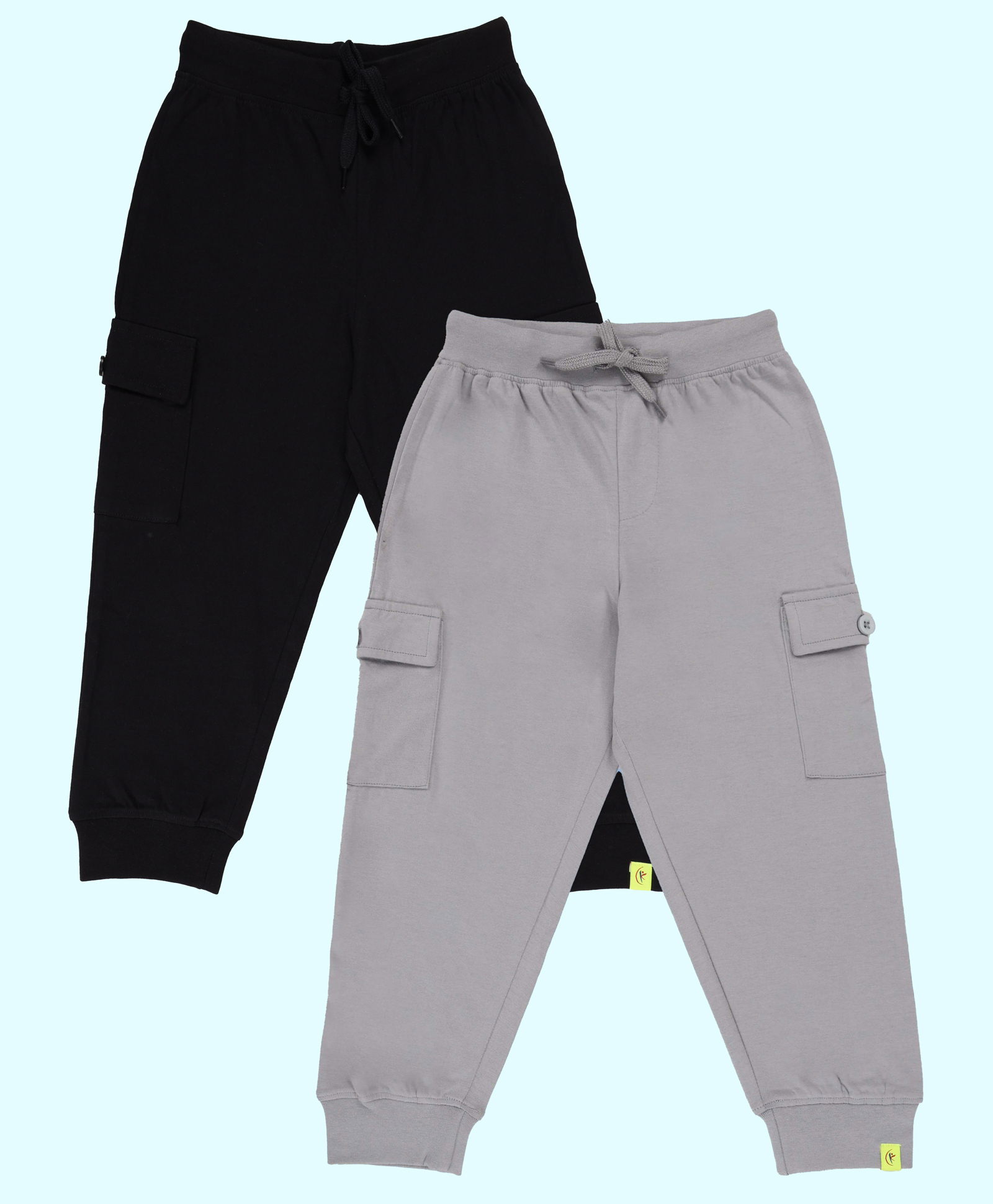 Kiddopanti Pack Of 2 Cotton Knit Solid Cargo Pocket Detailed Track Pants - Steel Grey & Black-picture-33