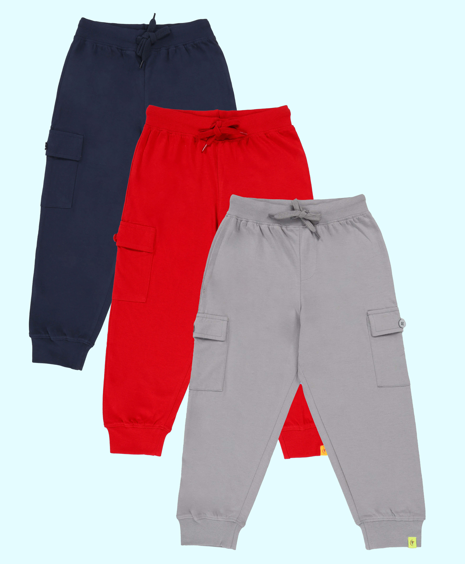 Kiddopanti Pack Of 3 Cotton Knit Solid Cargo Pocket Detailed Track Pants - Navy Blue Red & Steel Grey-picture-35