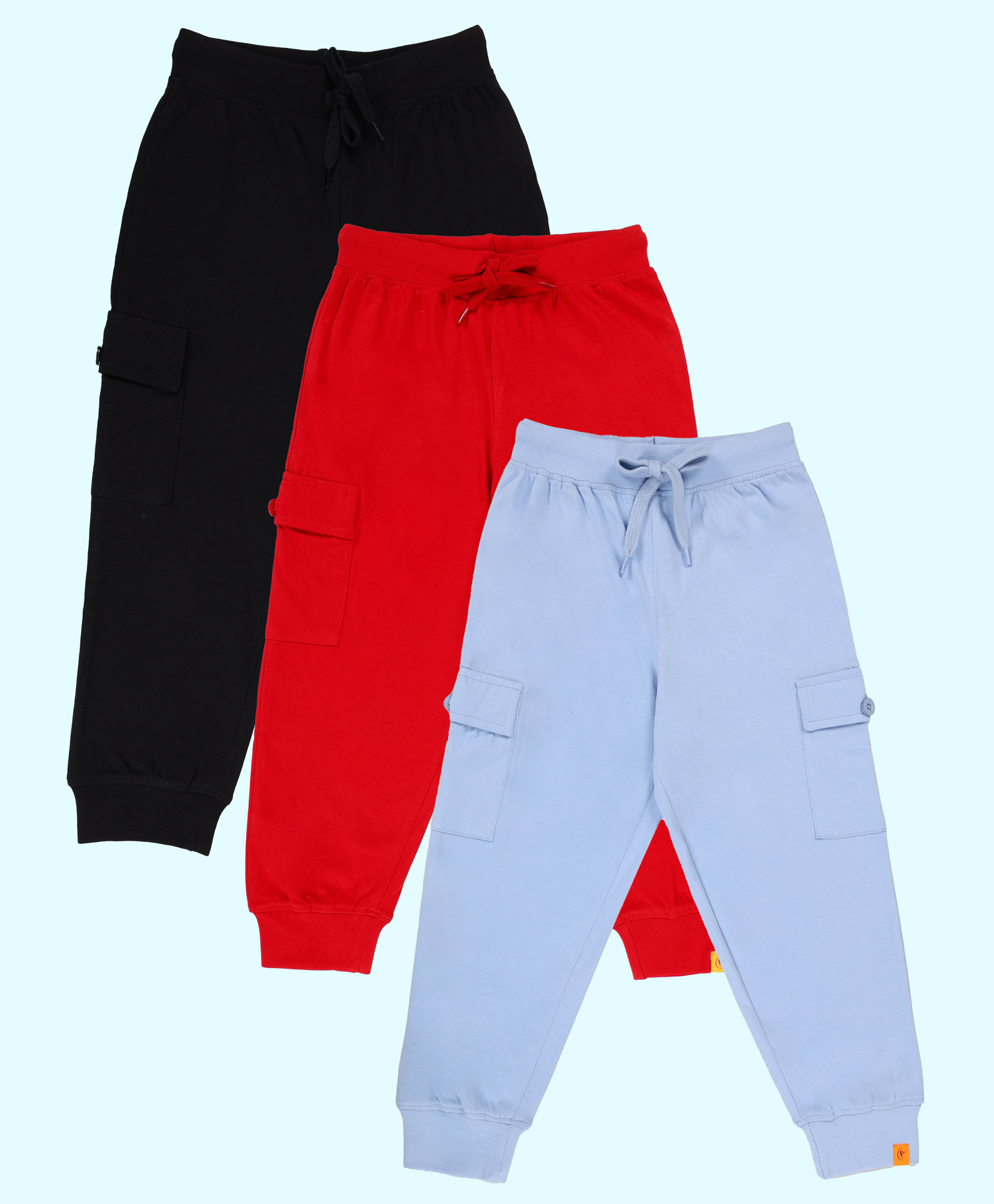 Kiddopanti Pack Of 3 Cotton Knit Solid Cargo Joggers Fit Track Pants - Black Light Blue & Red-picture-28