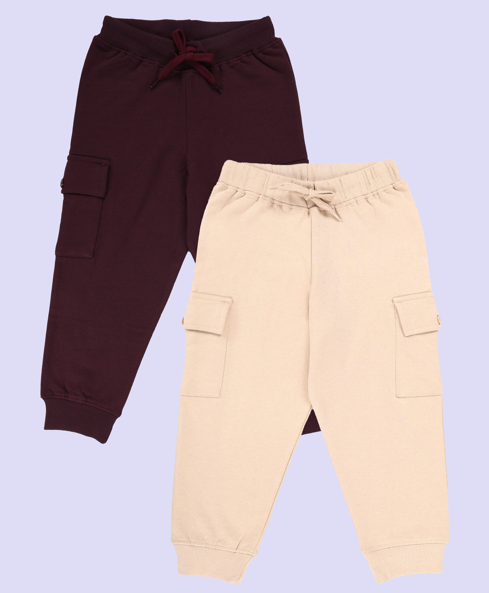 Kiddopanti Pack Of 2 Cotton Fleece Knit Solid Cargo Pocket Detailed Track Pants - Beige & Wine-picture-20