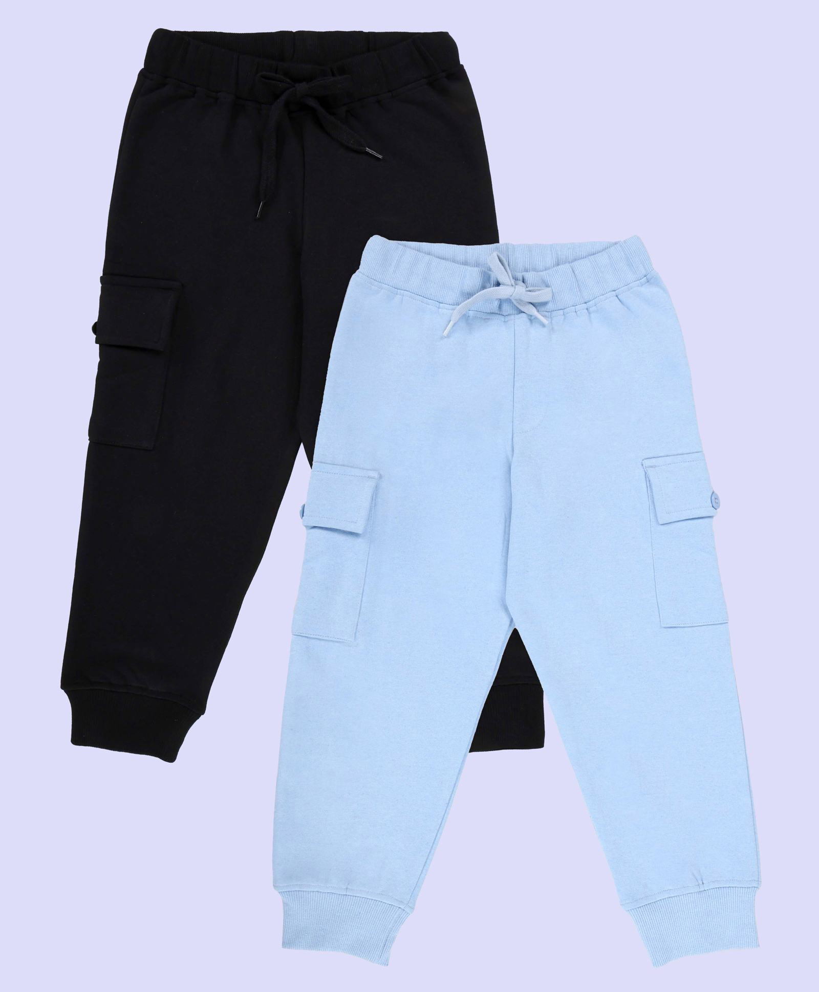 Kiddopanti Pack Of 2 Cotton Fleece Knit Solid Cargo Pocket Detailed Track Pants - Black & Ink Blue-picture-12