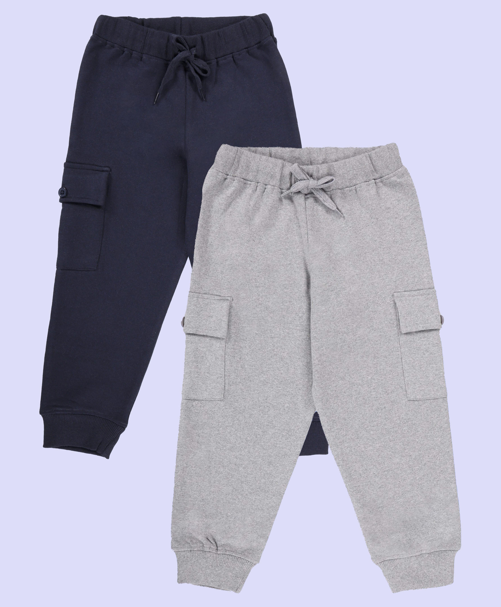 Kiddopanti Pack Of 2 Cotton Fleece Knit Solid Cargo Pocket Detailed Track Pants - Navy Blue & Grey Melange-picture-22