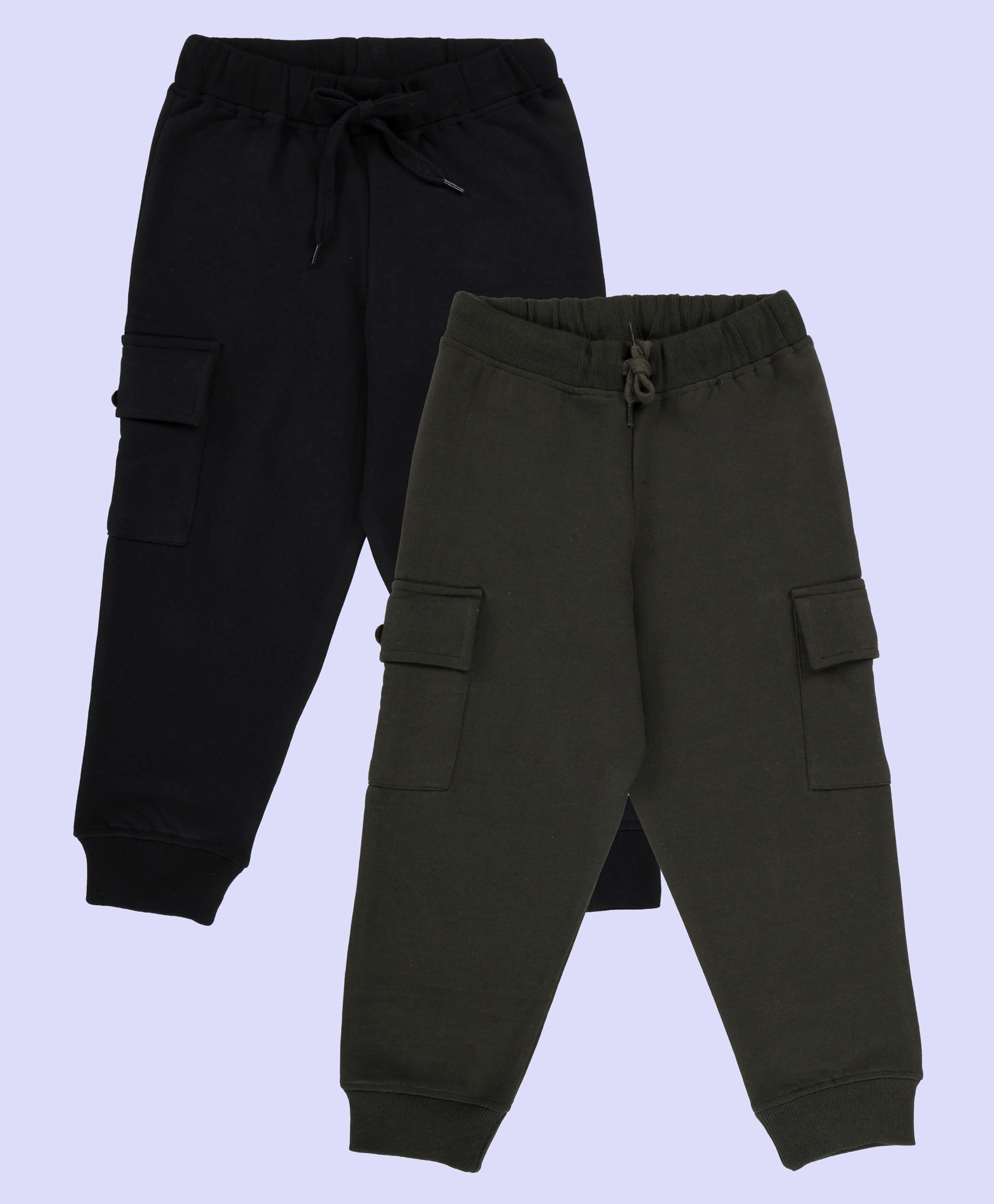 Kiddopanti Pack Of 2 Cotton Fleece Knit Solid Cargo Pocket Detailed Track Pants - Military Green & Black-picture-14