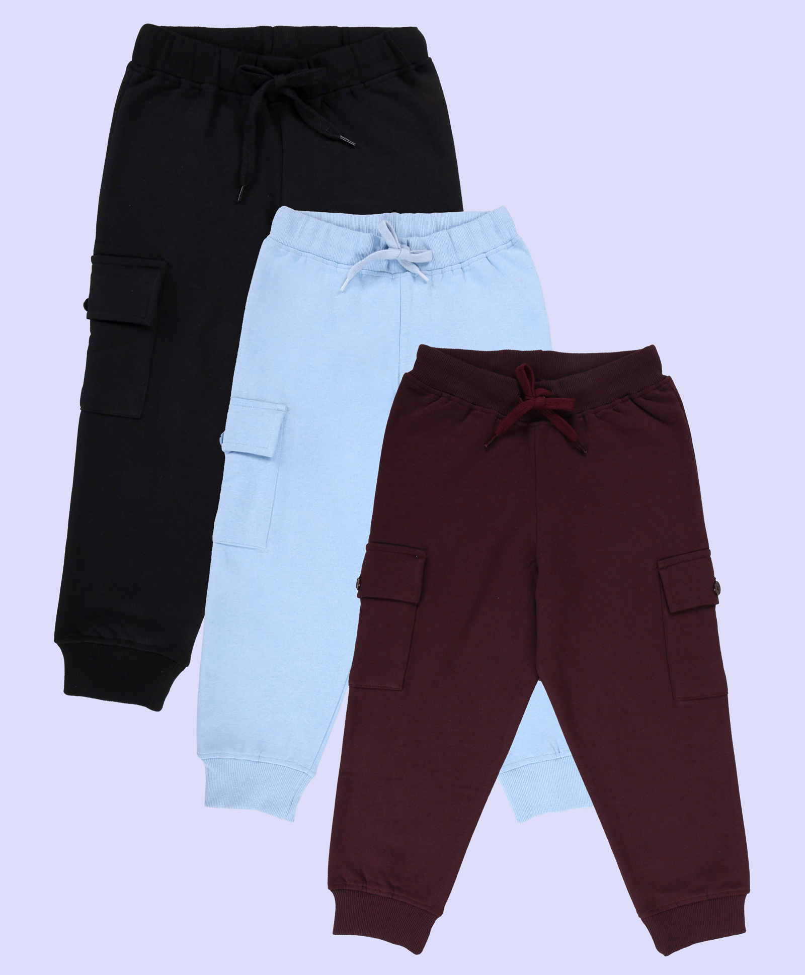 Kiddopanti Pack Of 3 Cotton Fleece Knit Solid Cargo Pocket Detailed Track Pants - Black Ink Blue & Wine-picture-14