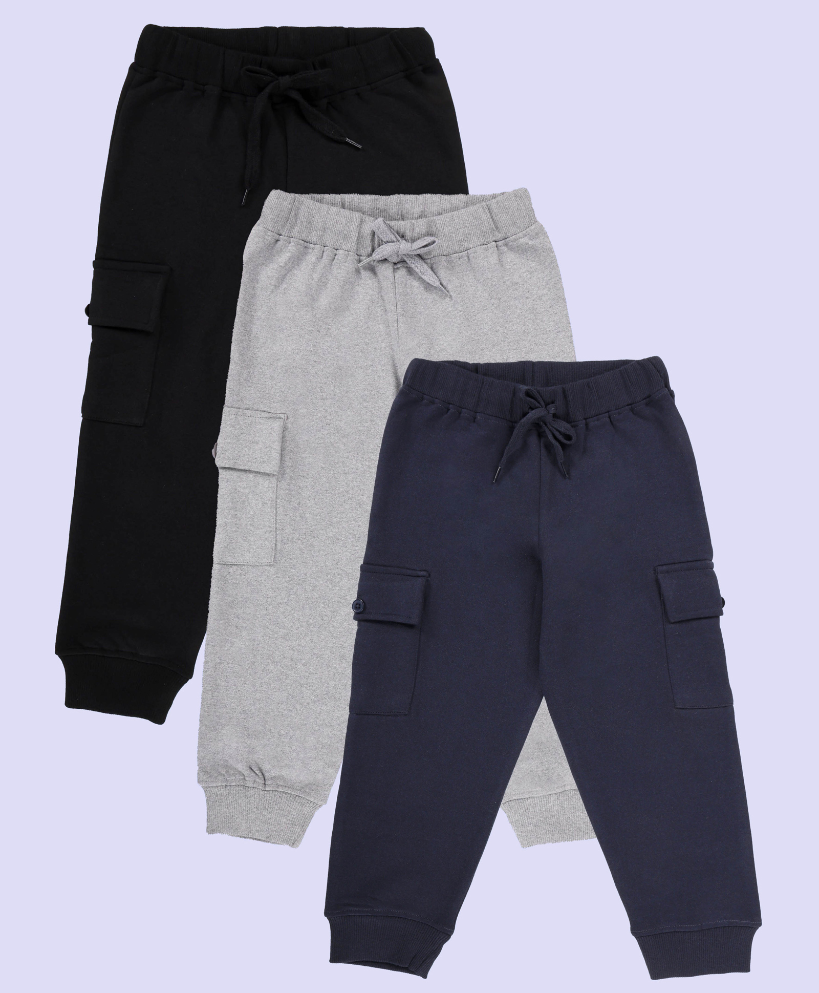 Kiddopanti Pack Of 3 Cotton Fleece Knit Solid Cargo Pocket Detailed Track Pants - Navy Blue Grey Melange & Black