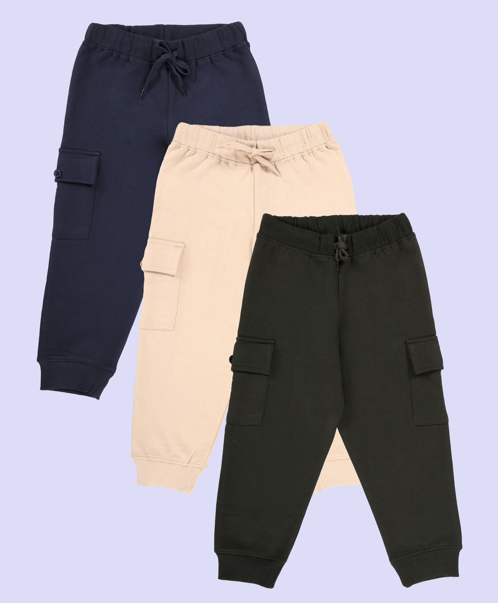 Kiddopanti Pack Of 3 Cotton Fleece Knit Solid Cargo Pocket Detailed Track Pants - Beige Navy Blue & Military Green