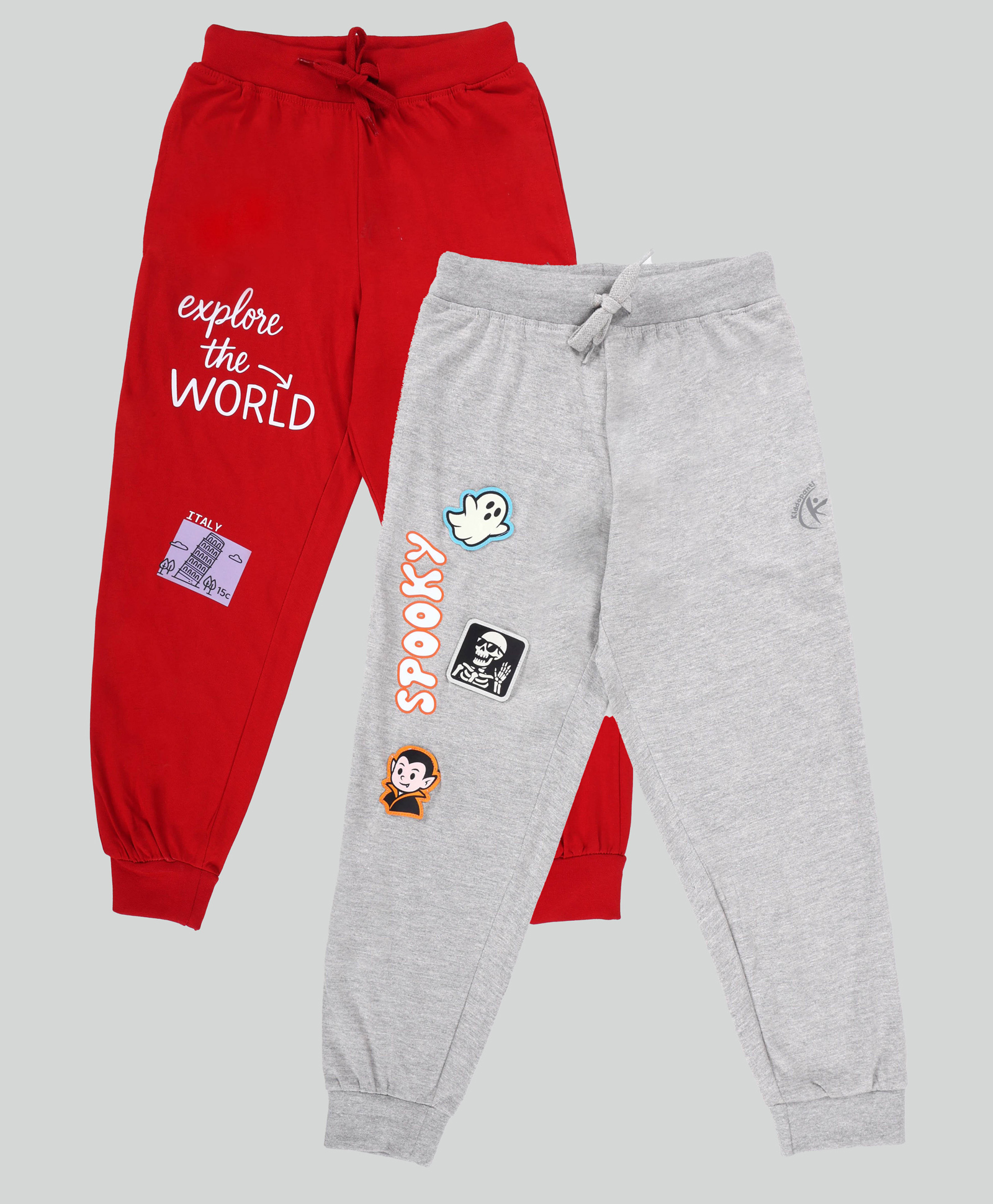 Kiddopanti Pack Of 2 Cotton Knit Spooky And Explore The World Text Printed Track Pants - Red & Grey Melange-picture-25