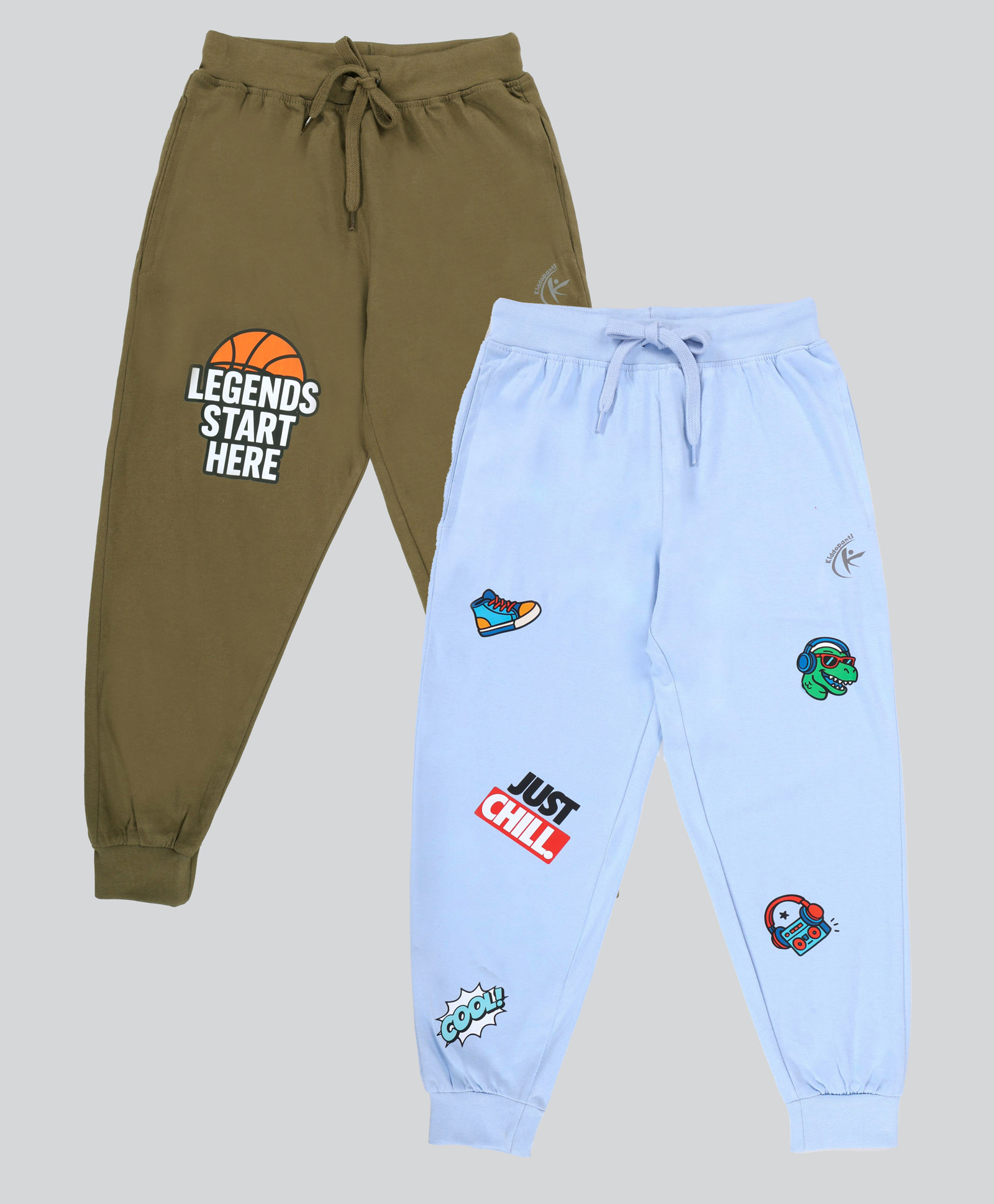 Kiddopanti Pack Of 2 Cotton Knit Legend Start Here And Just Chill Text Printed Track Pants - Ink Blue & Military Green-image-39