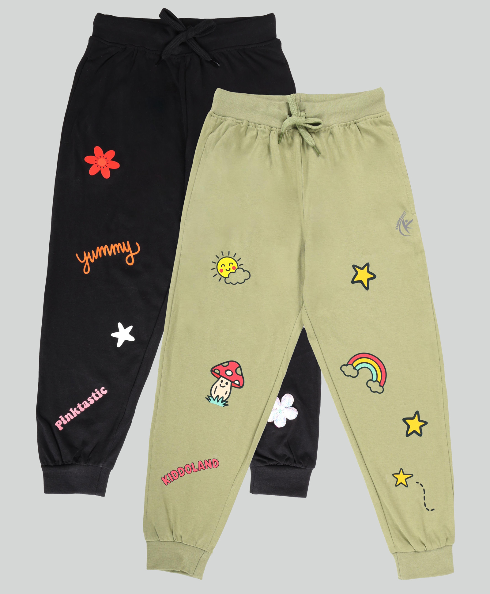 Kiddopanti Pack Of 2 Cotton Knit Yummy And Kiddoland Text Printed Track Pants - Light Green & Jet Black-picture-12