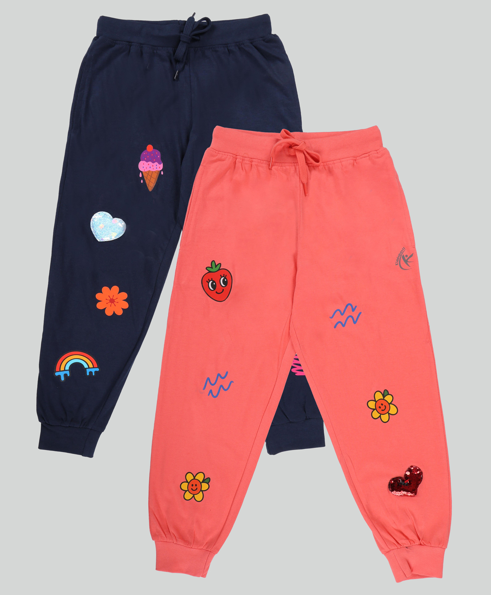 Kiddopanti Pack Of 2 Cotton Knit Ice Cream And Strawberry Printed Track Pants - Navy Blue & Coral-picture-21