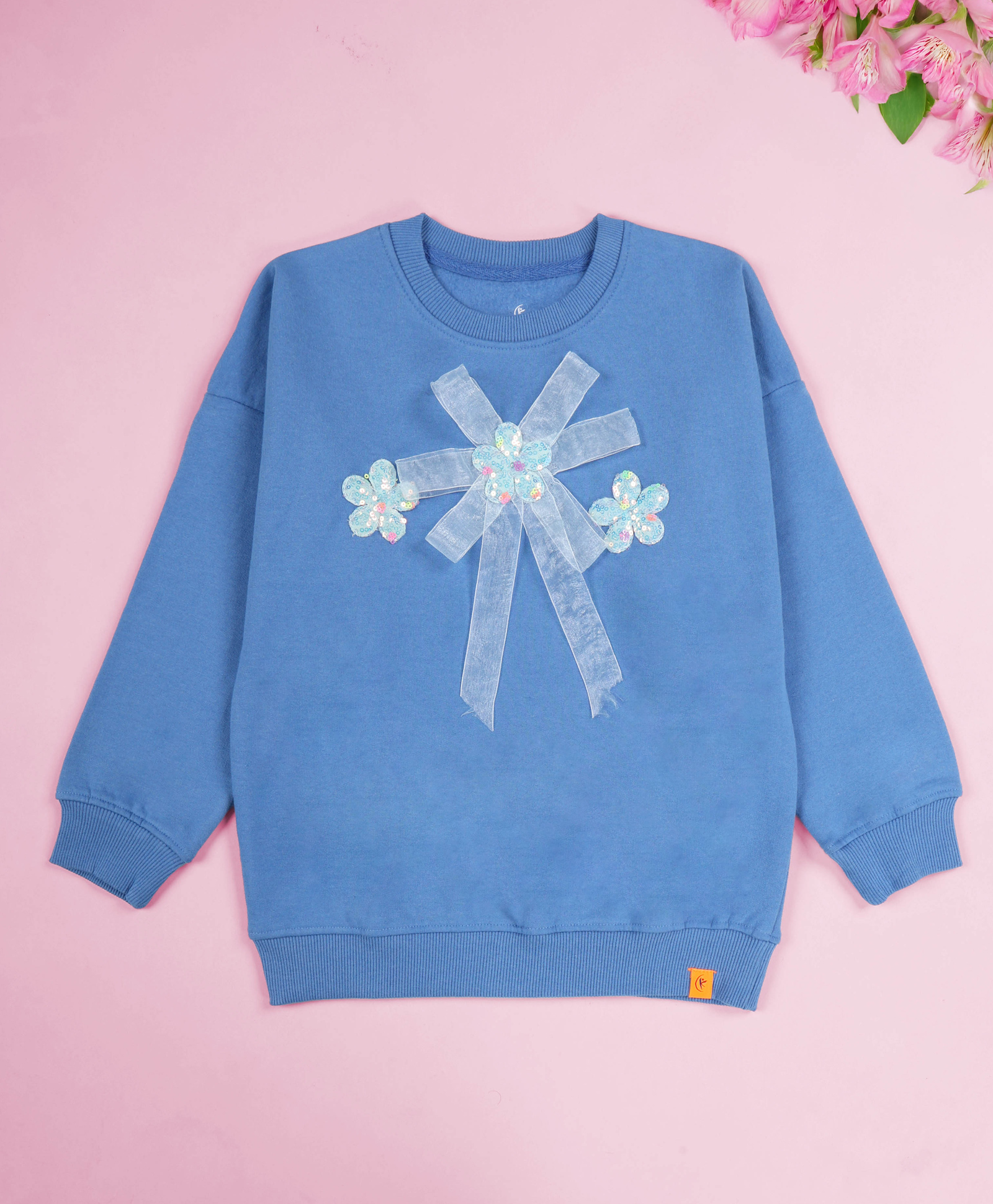 Kiddopanti Cotton Fleece Knit Full Sleeves Flower & Sequin Embellished Sweatshirt - Dust Blue-image-15