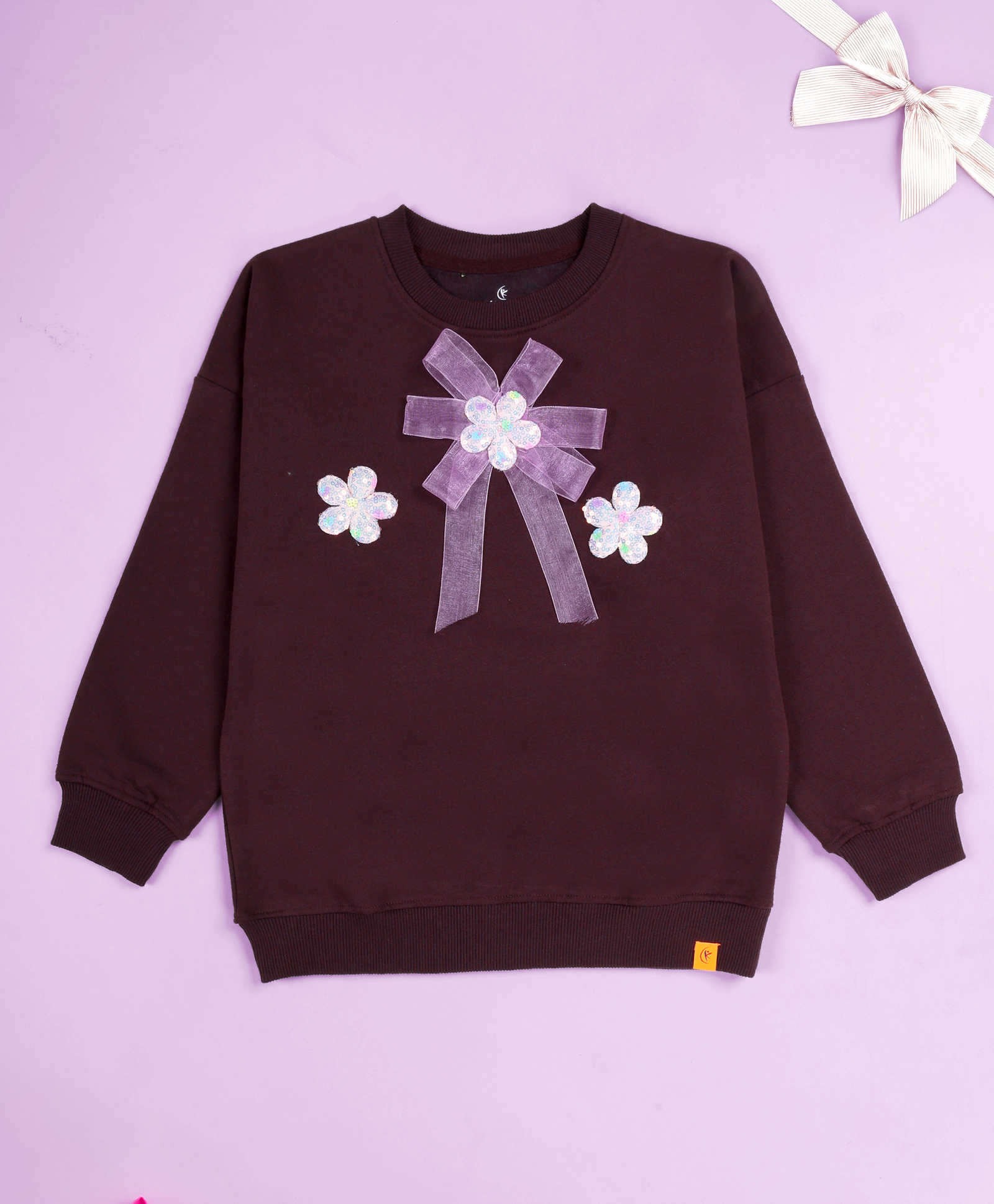 Kiddopanti Cotton Fleece Knit Full Sleeves Flower & Sequin Embellished Sweatshirt - Wine-picture-39